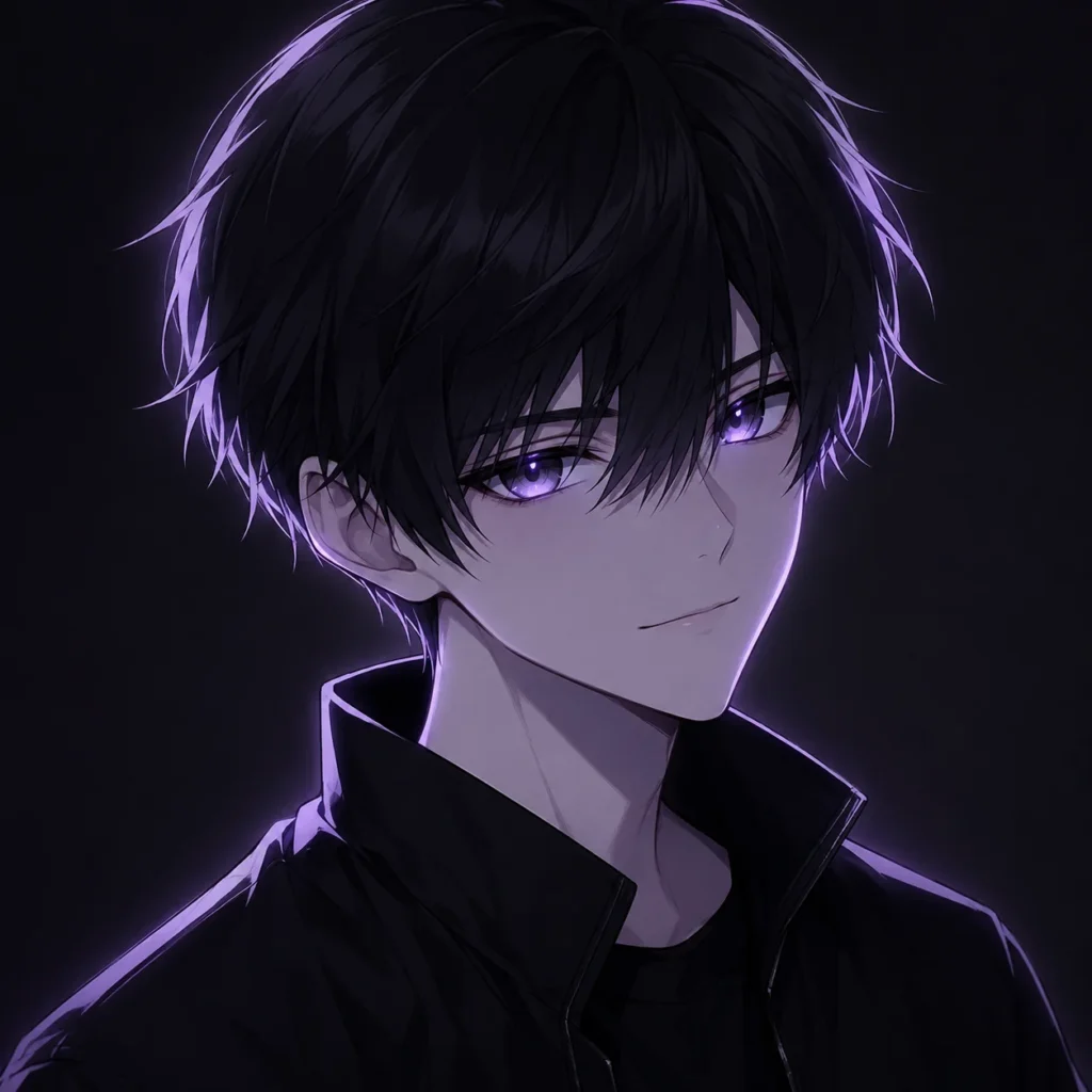 Dark kawaii anime boy pfp with black and lilac glow for cool Discord profile use