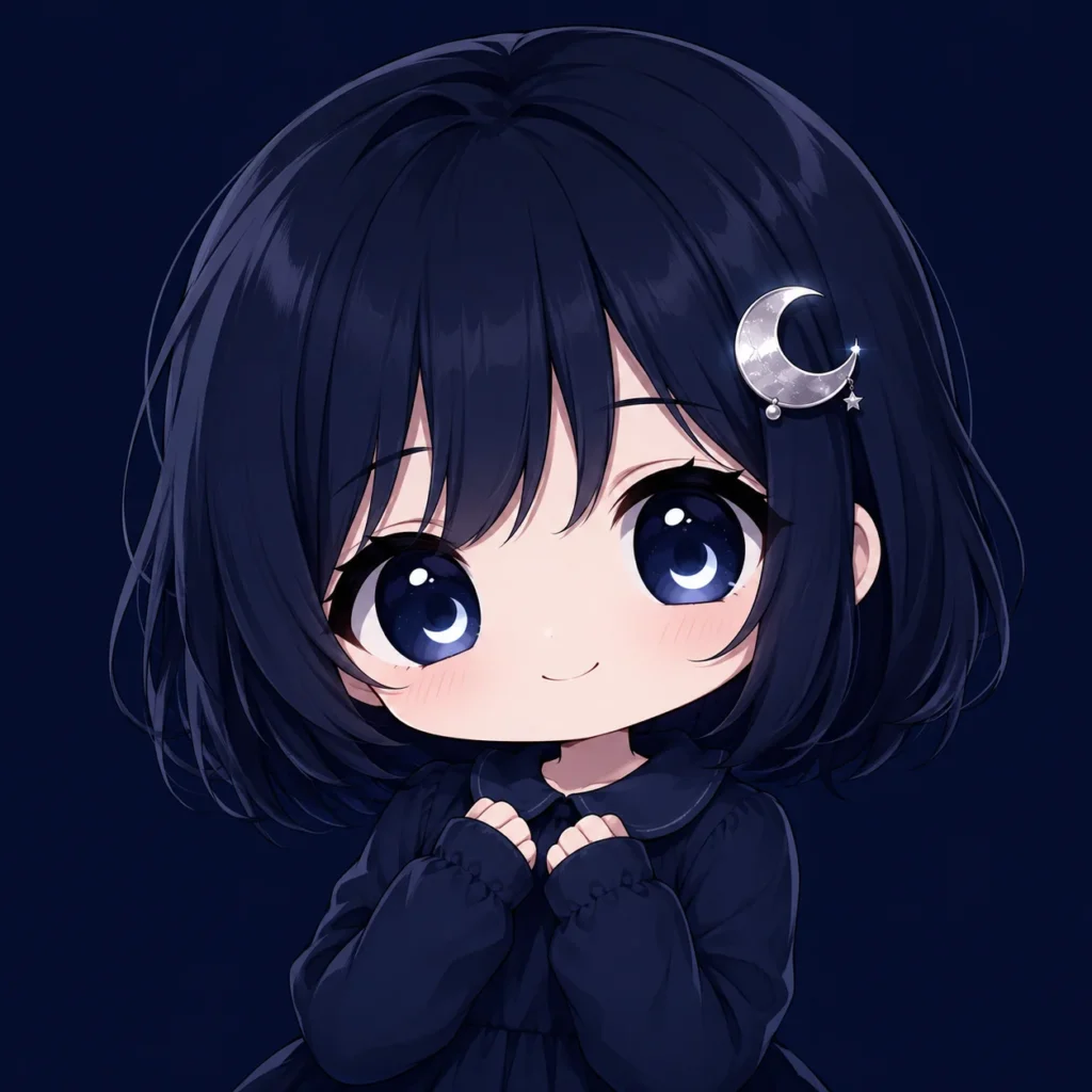 Dark kawaii chibi pfp with navy tones and moon detail for moody profile icons
