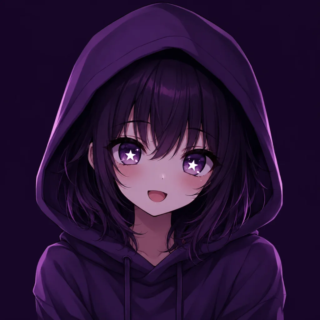 Dark kawaii pfp with purple hoodie and starry eyes for aesthetic social media profiles