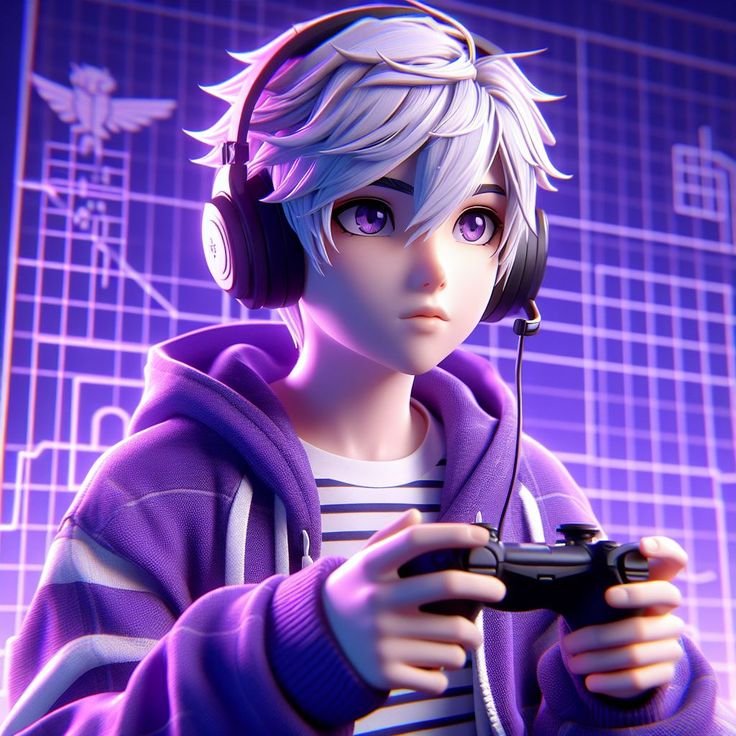 Dark lilac boy pfp with controller glow for cool gaming and Discord profile pictures