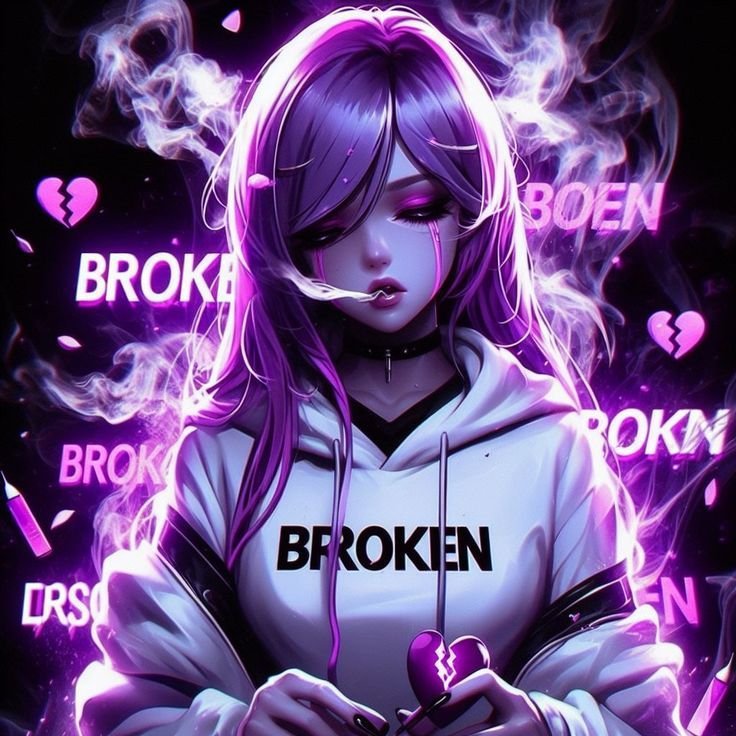 Dark lilac pfp with broken heart edit and moody expression for emotional social avatars