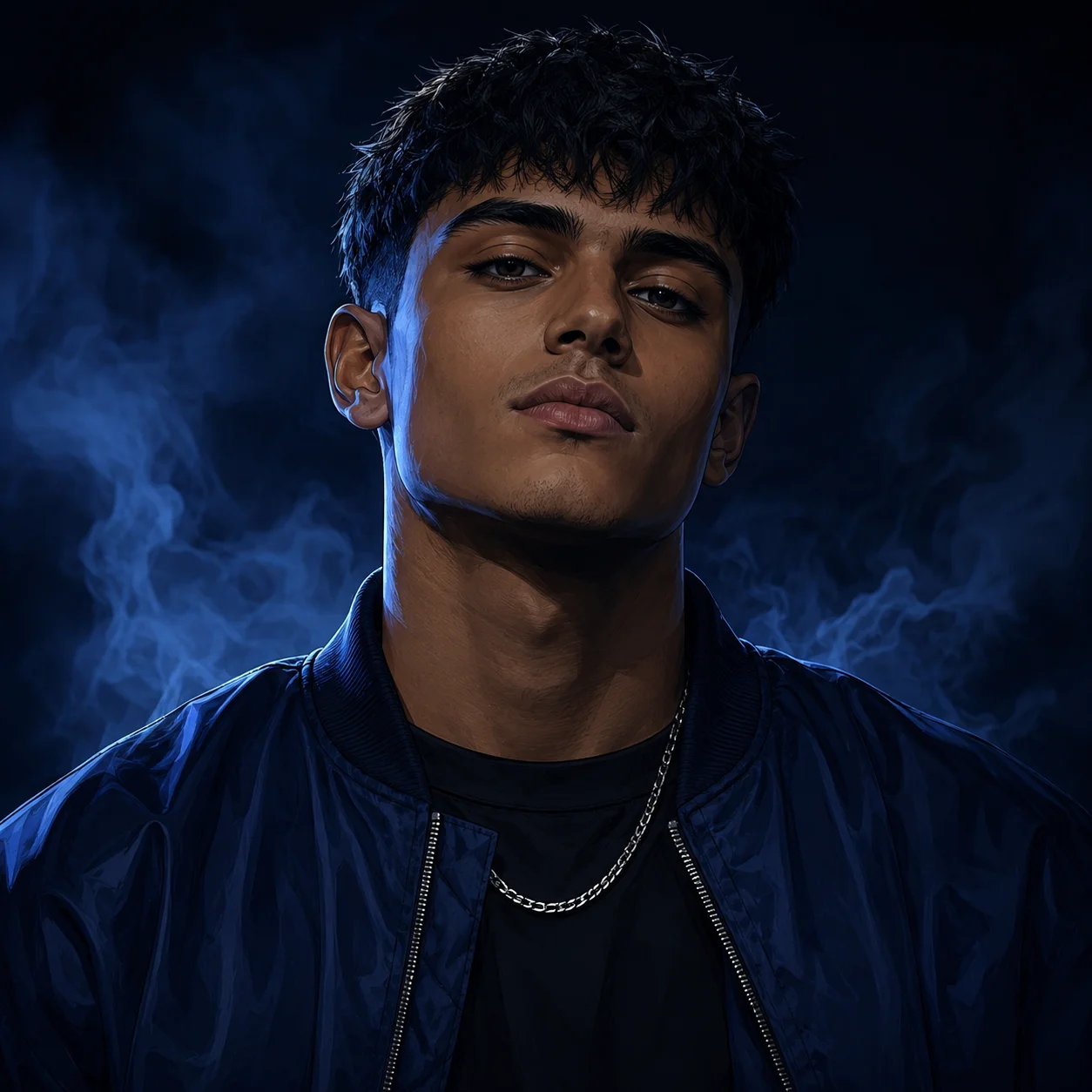 Dark navy pfp with streetwear styling, silver chain, and blue smoke for cool profile picture aesthetics