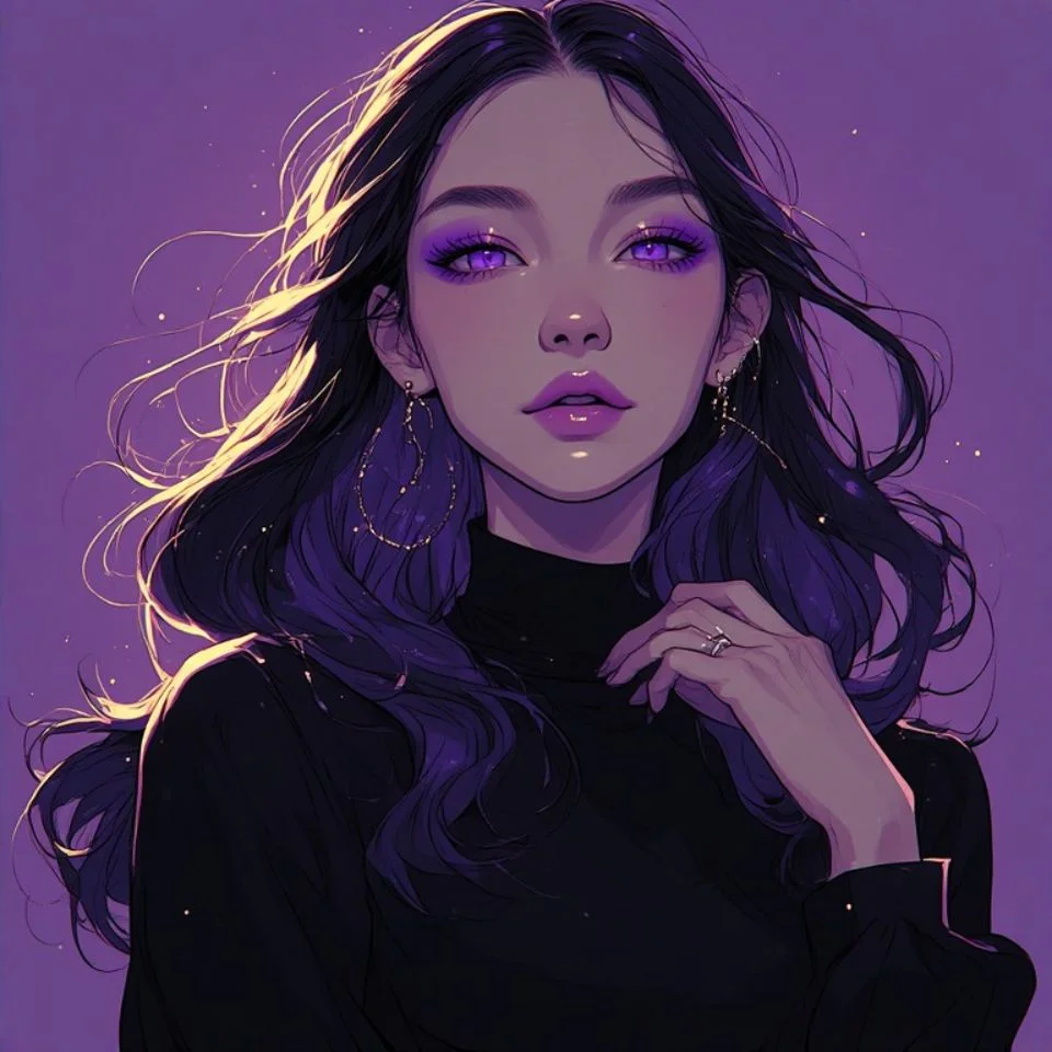Moody dark purple avatar with glowing violet eyes and soft black tones for aesthetic profiles