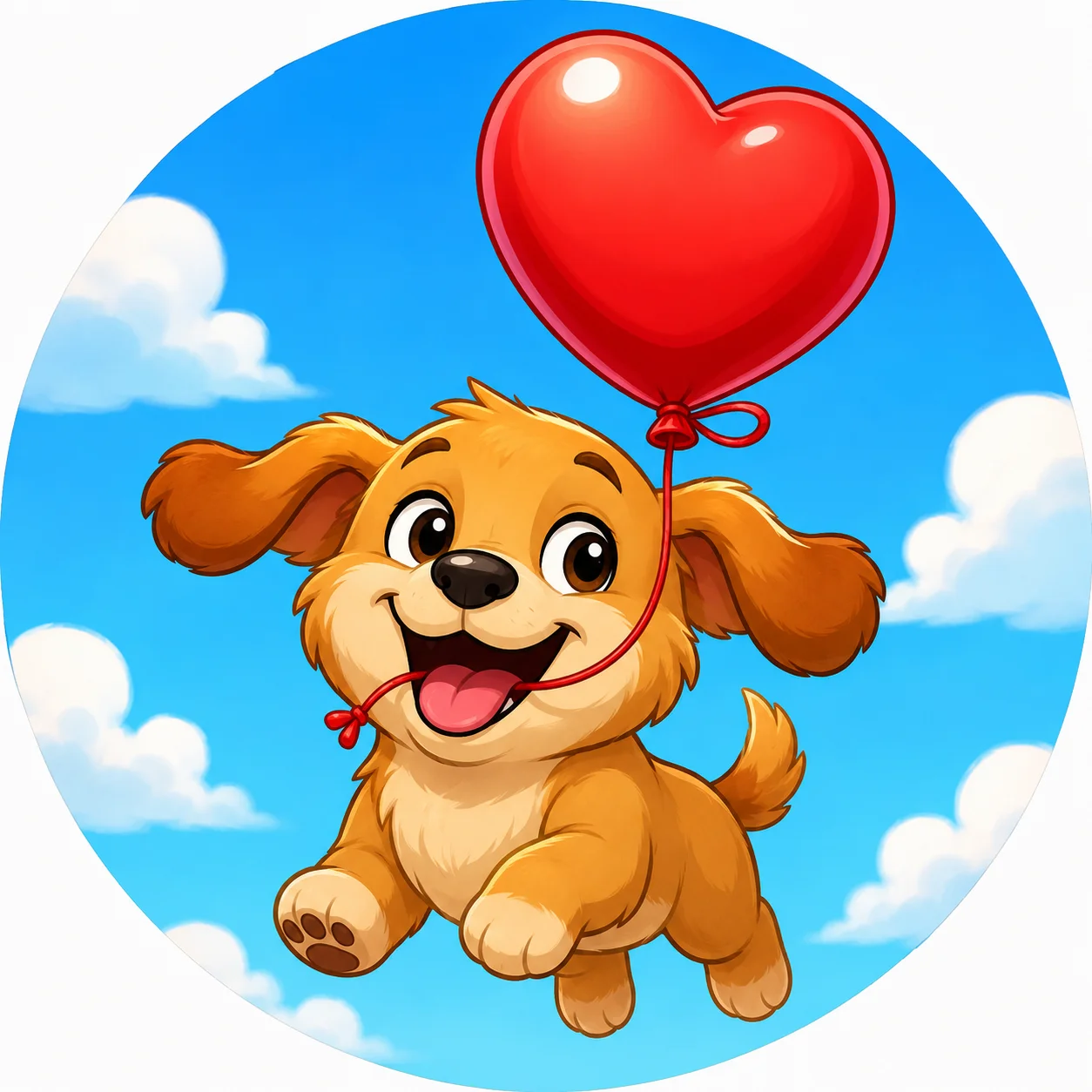 Cute dog heart pfp with cartoon puppy holding a red heart balloon string on sky blue background (93 characters)