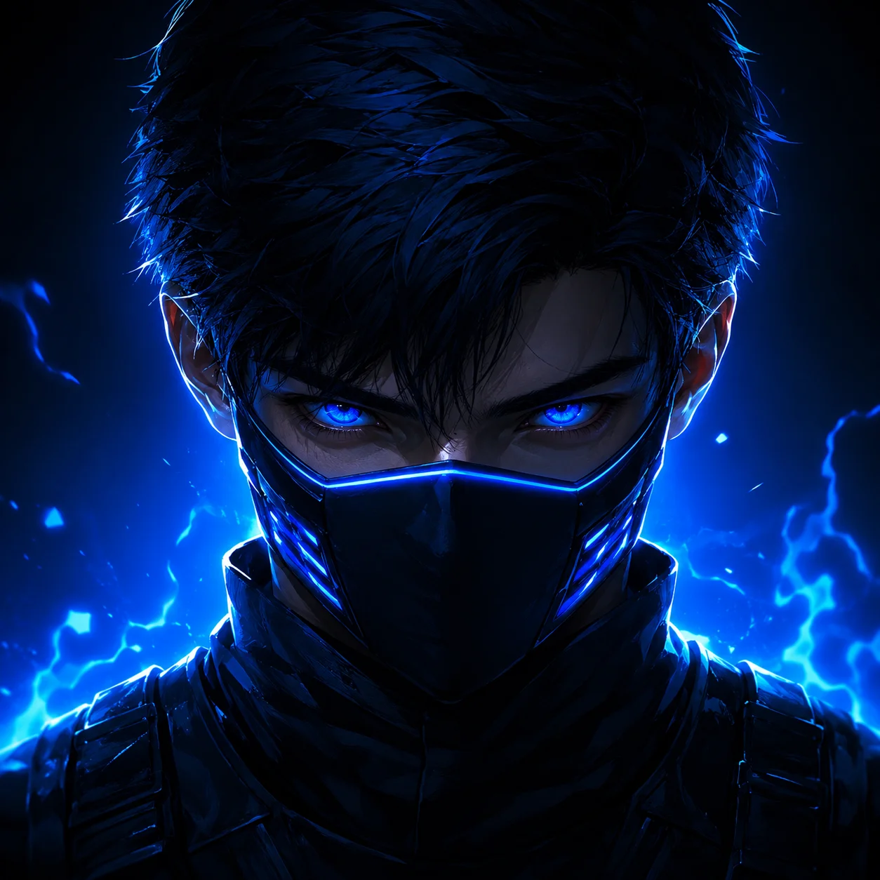 Electric blue pfp with masked portrait and stream setup glow for intense Discord and gaming profile use