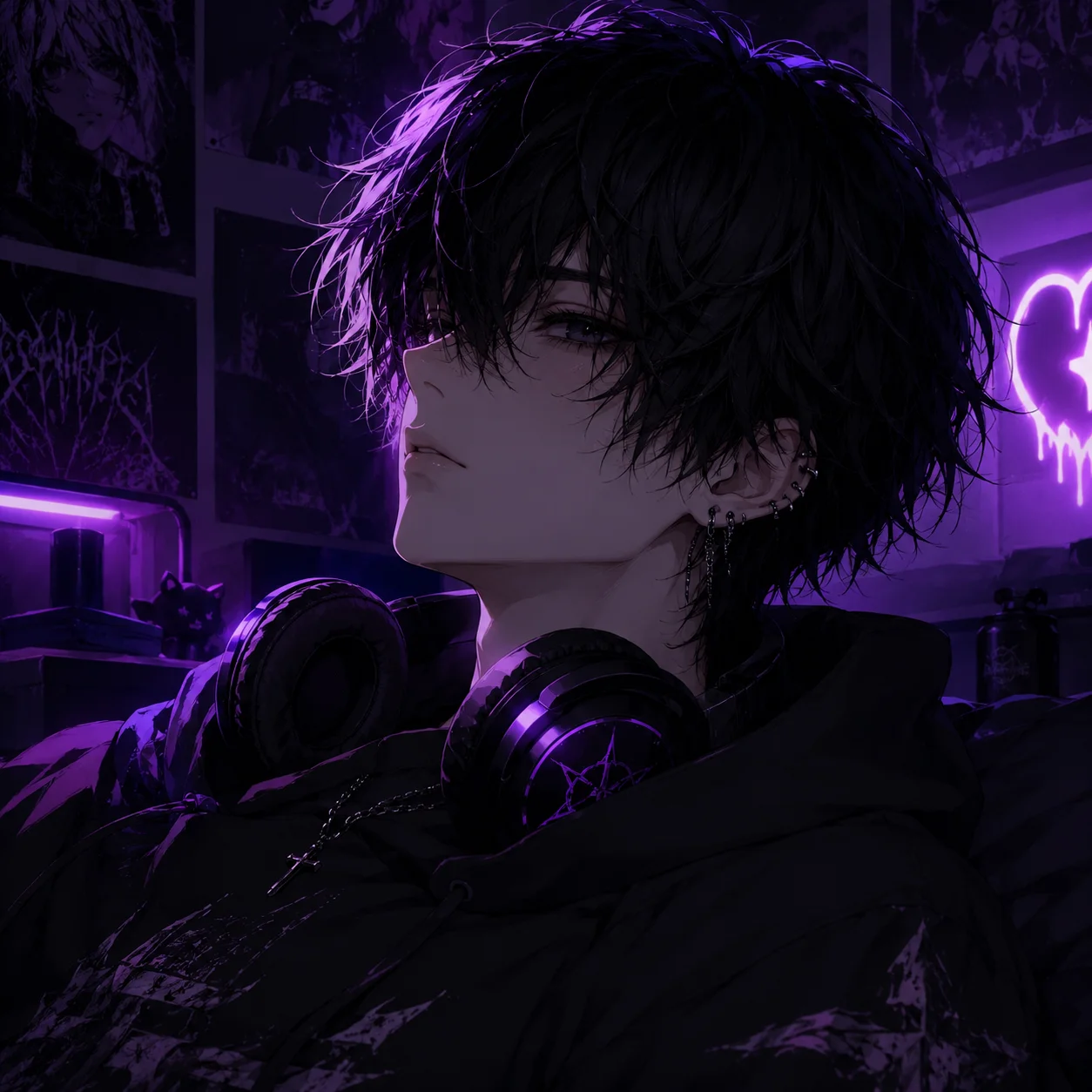 Anime boy emo pfp with headphones and side glance for gaming and Discord profiles