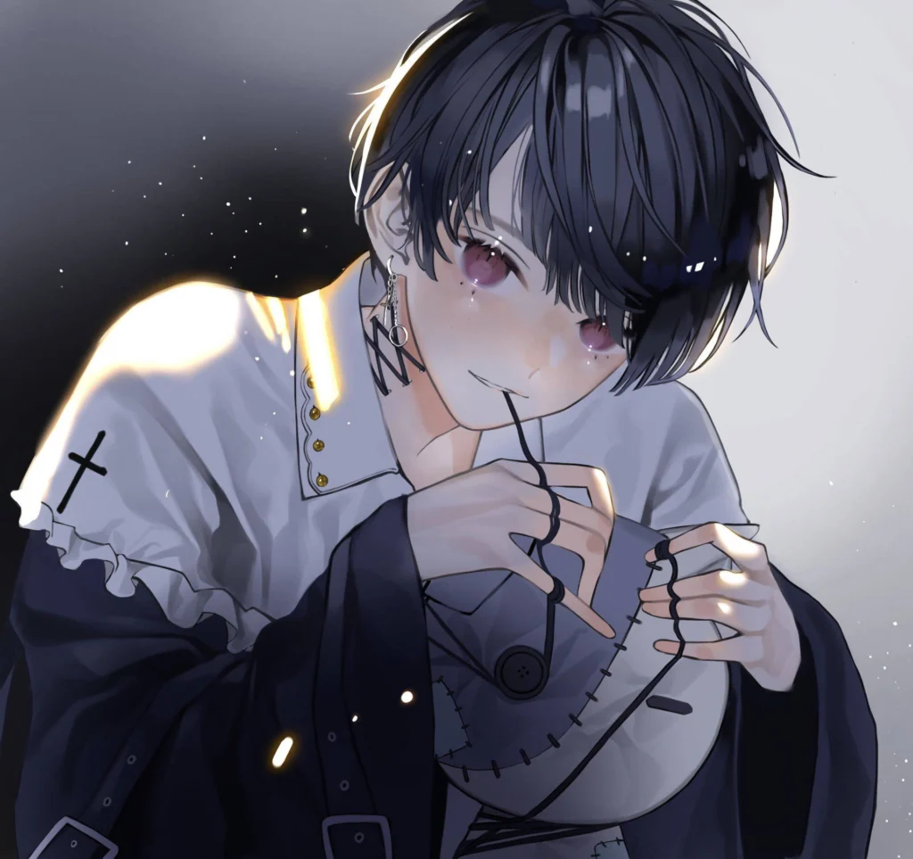 Emo anime boy pfp with silver chain and dark bangs for cool Discord profile icons