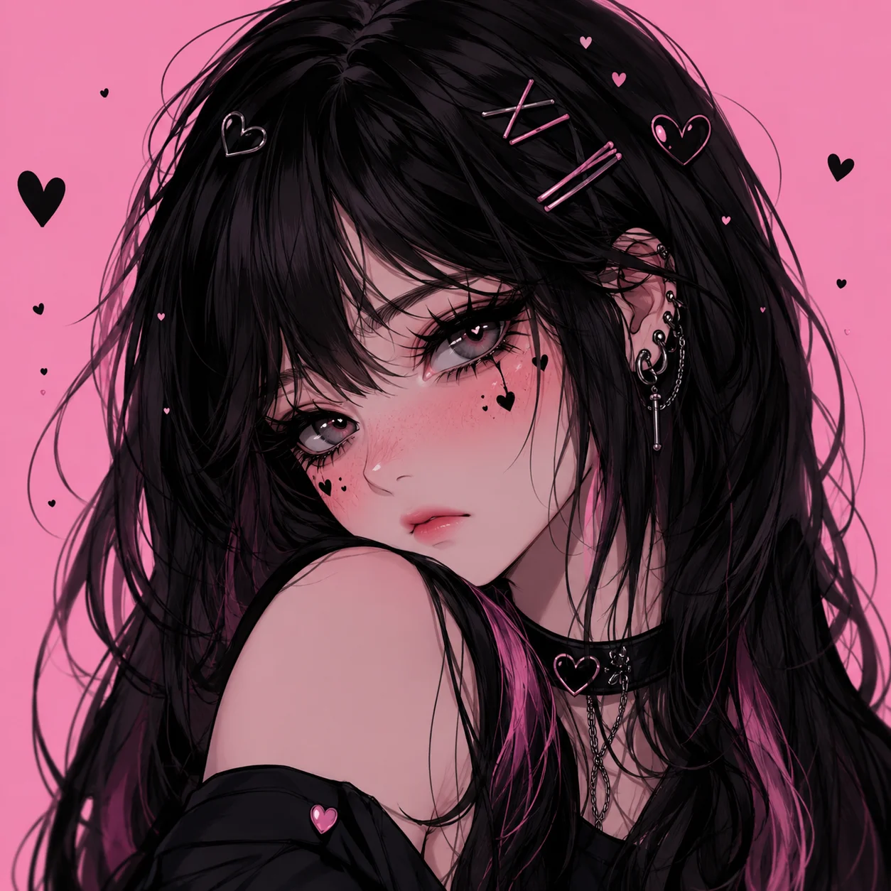 Emo anime girl pfp with black hair and cherry clips for Discord and TikTok profiles
