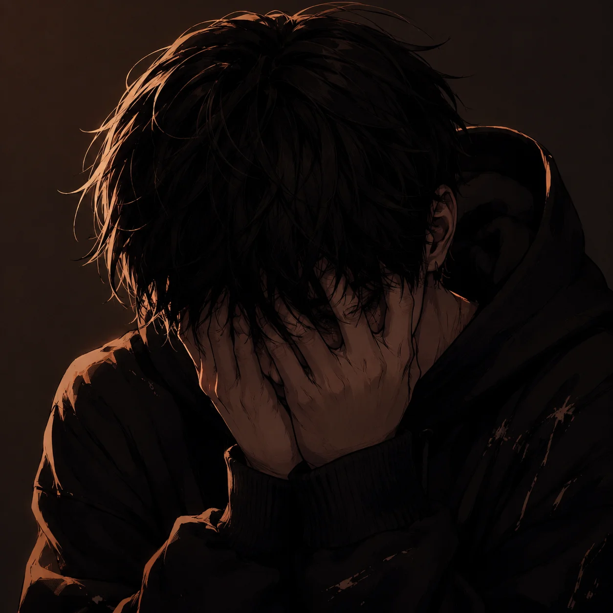 Dark aesthetic emo pfp with black hoodie and moody stare for Discord and Instagram profiles