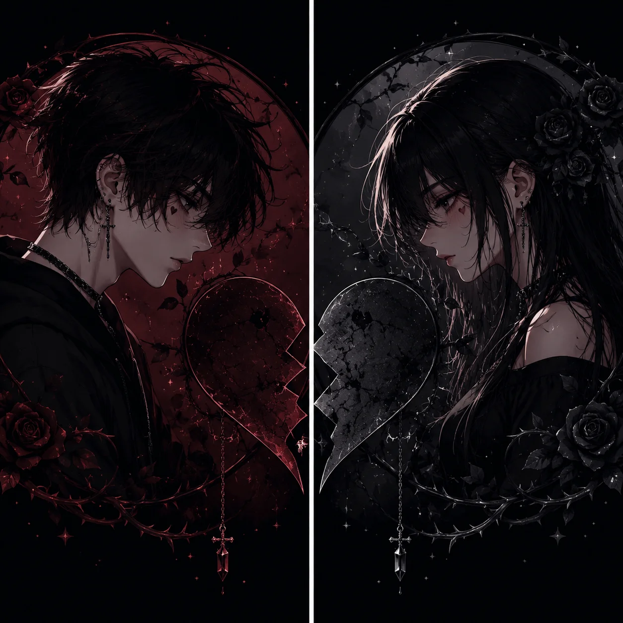 Matching emo pfp set with split heart design for couples and best friends on Discord
