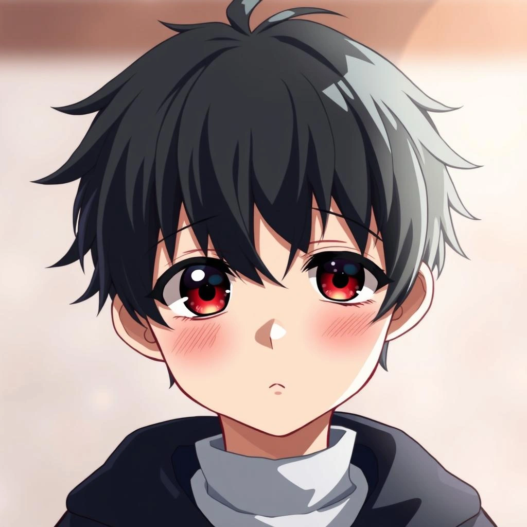 Emo pfp with red highlight fringe and serious anime boy look for Discord and Steam