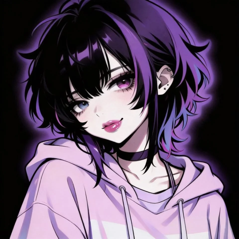Soft pastel emo pfp with lavender hoodie and gentle expression for cute Discord profile use