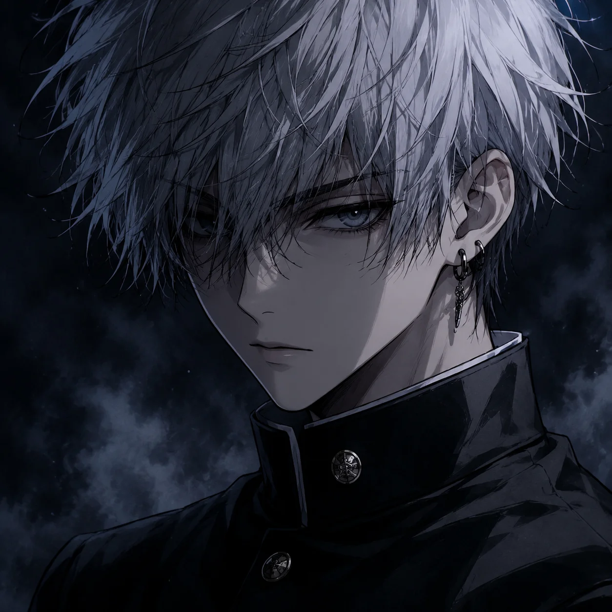 Emo pfp with white hair and dark background in black and white aesthetic profile style