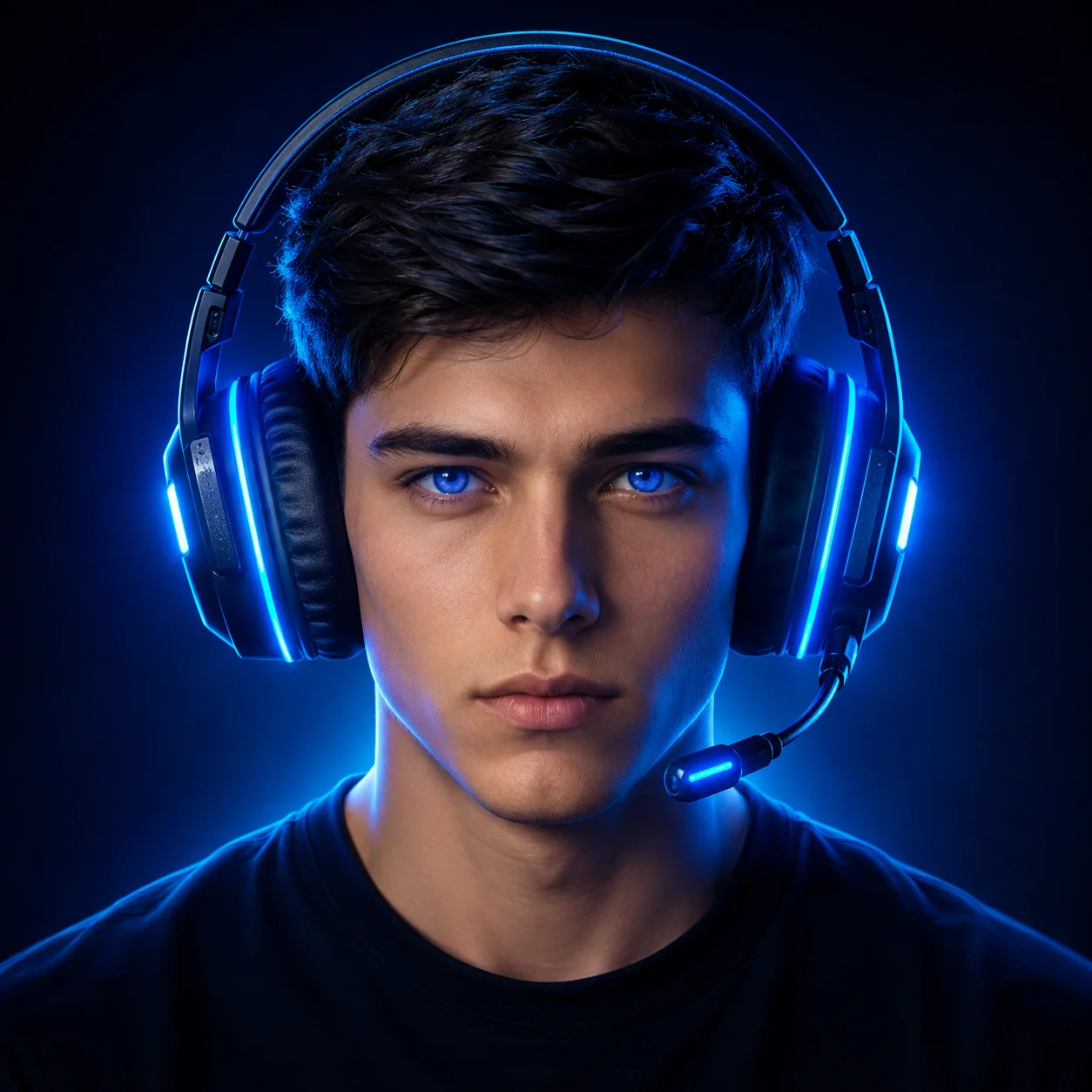 Gaming blue pfp with headset and cobalt glow for Twitch, Discord, and multiplayer profile pictures
