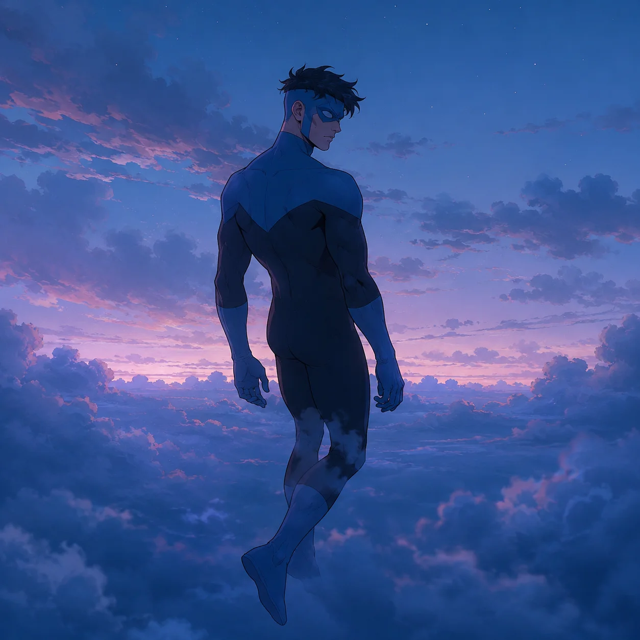 Blue hour invincible aesthetic pfp with soft clouds and moody lighting ideal for atmospheric Discord avatars