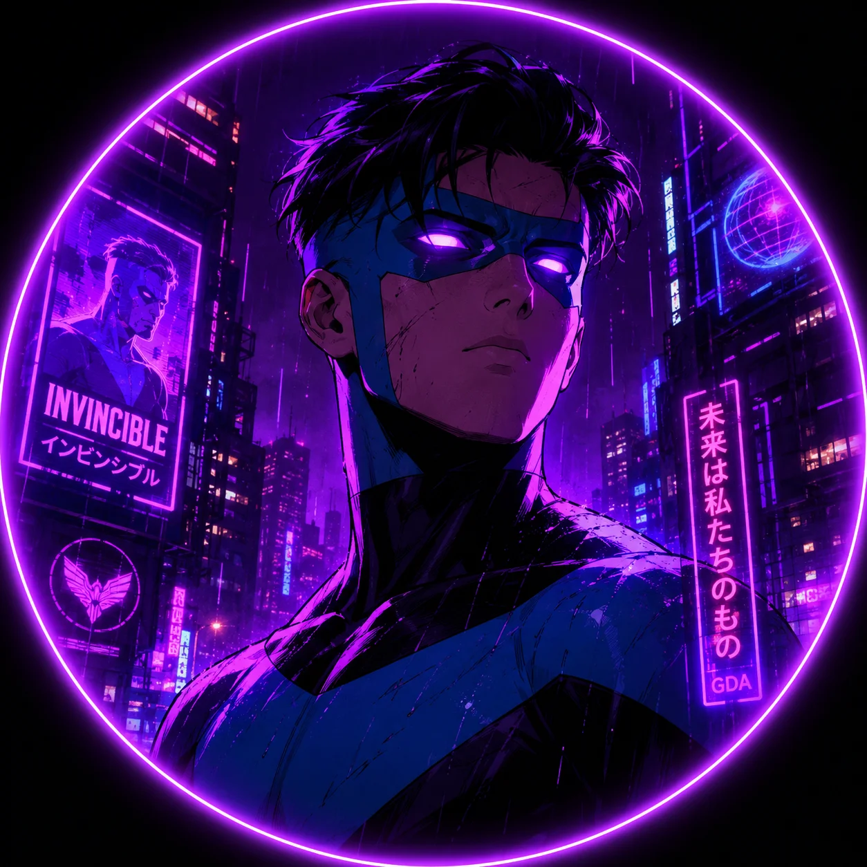 Neon purple cyberpunk invincible aesthetic pfp with glowing accents perfect for edgy TikTok profiles