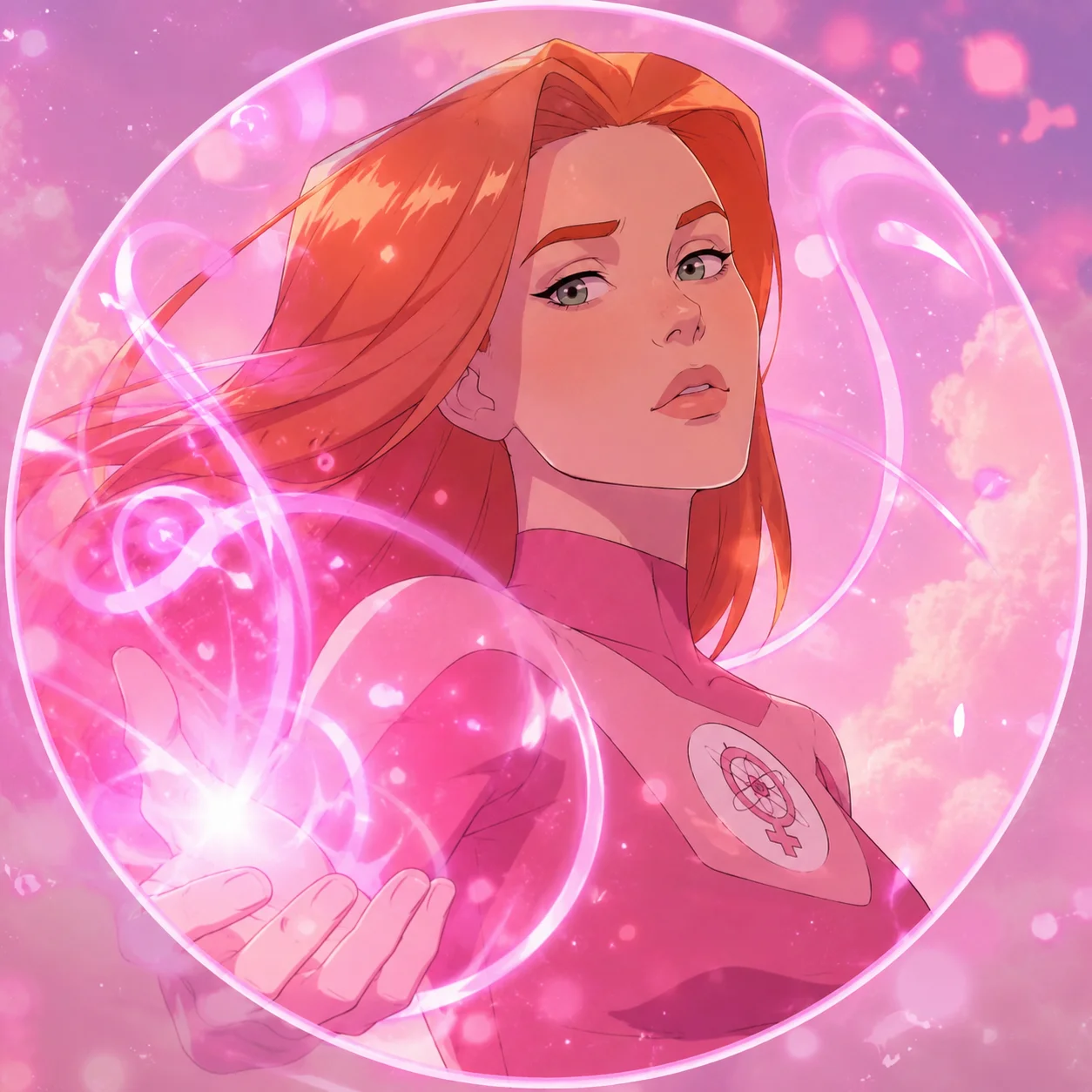 Pink glow Atom Eve invincible aesthetic pfp with dreamy energy swirl perfect for soft Instagram profiles