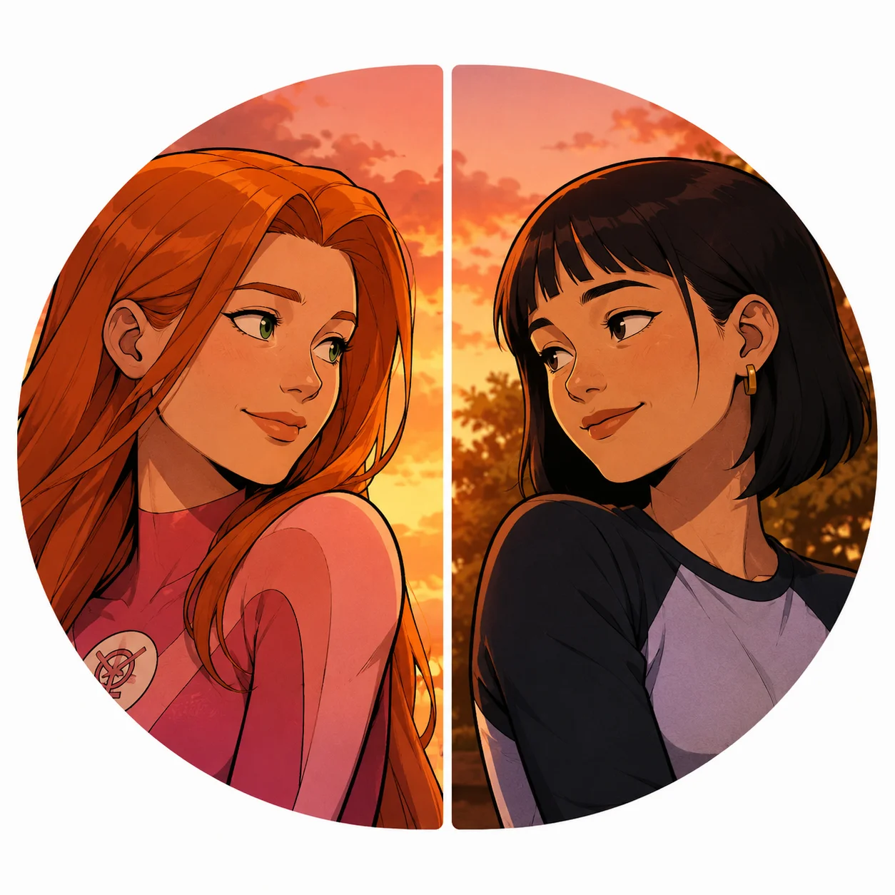 Eve and Amber friends matching invincible pfp with warm colors for female Discord friendship profiles