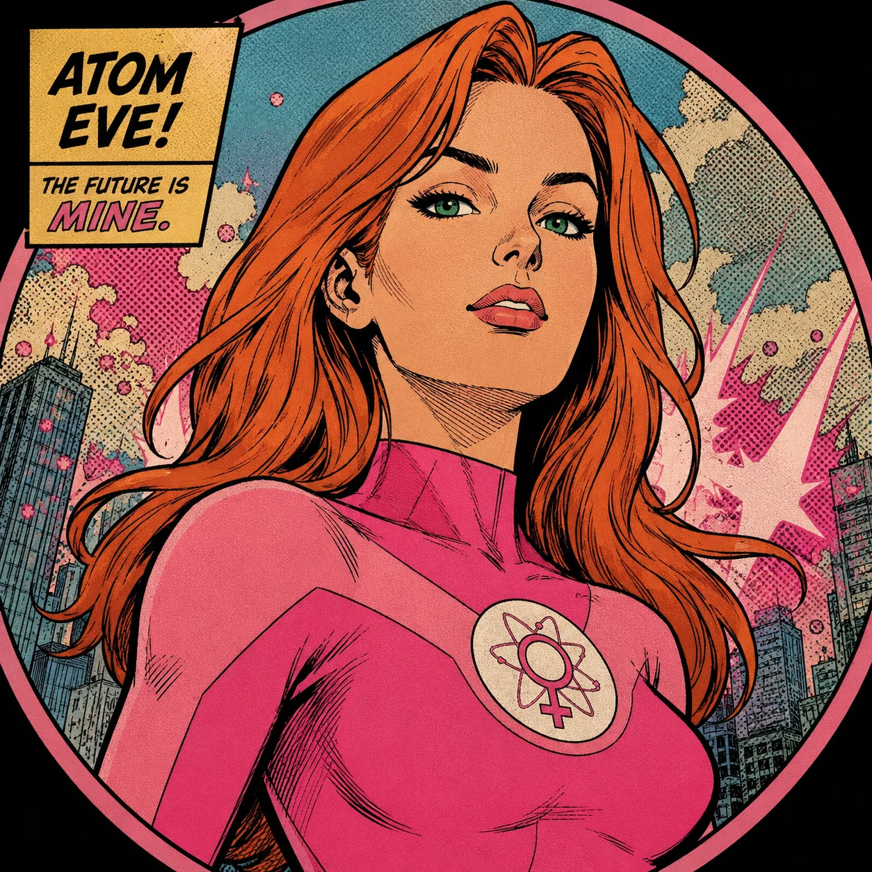 Comic book style Atom Eve invincible pfp with bold ink lines perfect for retro Discord avatars