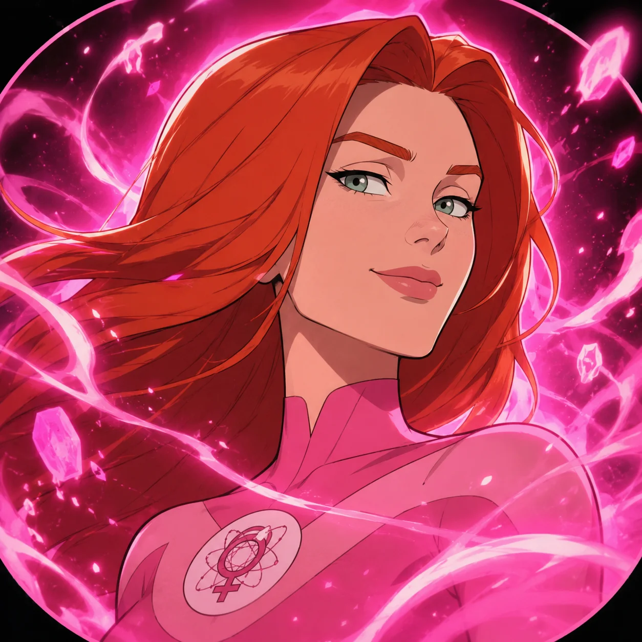 Atom Eve invincible pfp with pink energy swirls and confident smile perfect for Discord girl gamer profiles