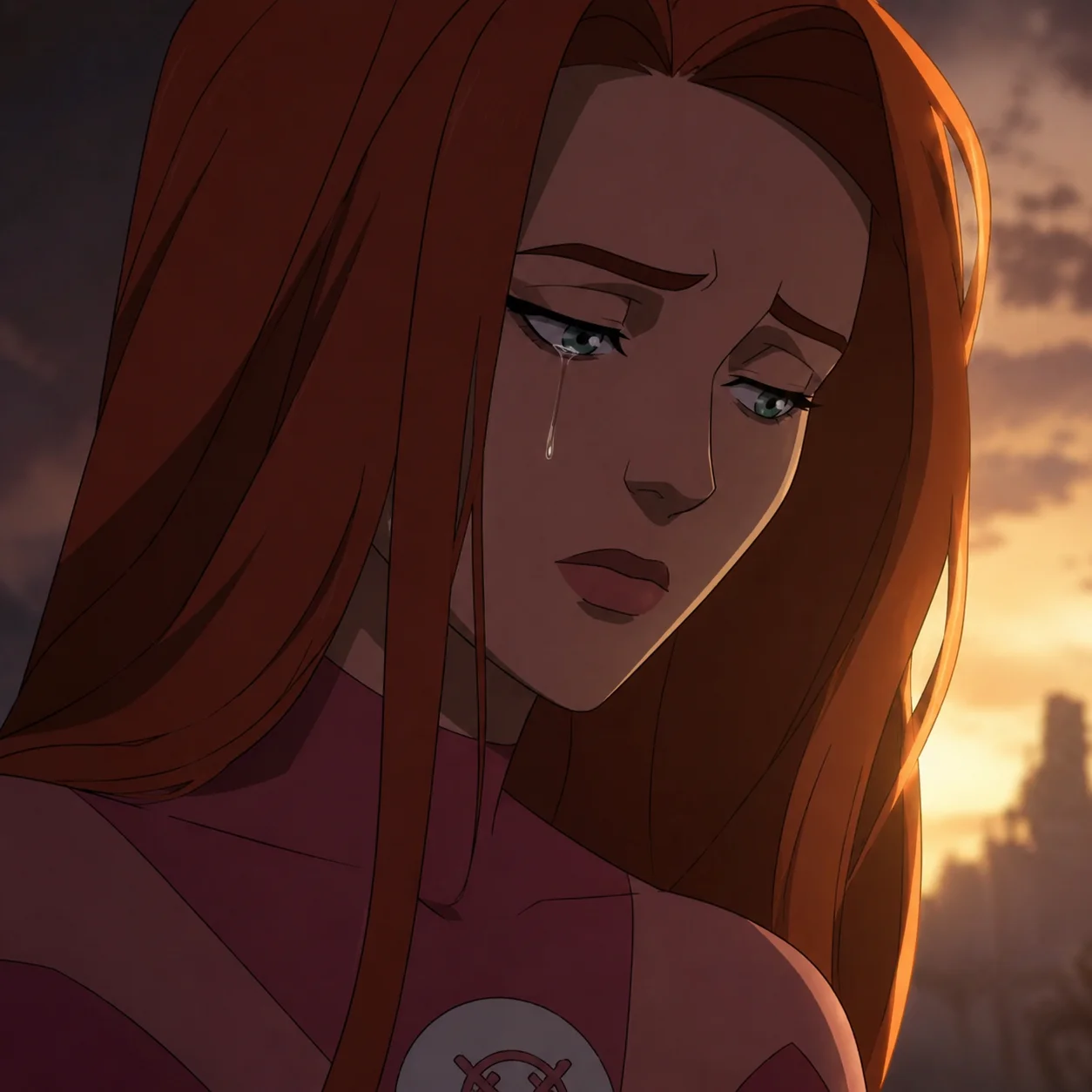 Emotional Atom Eve invincible pfp with soft tears and vulnerable expression for meaningful Discord profiles