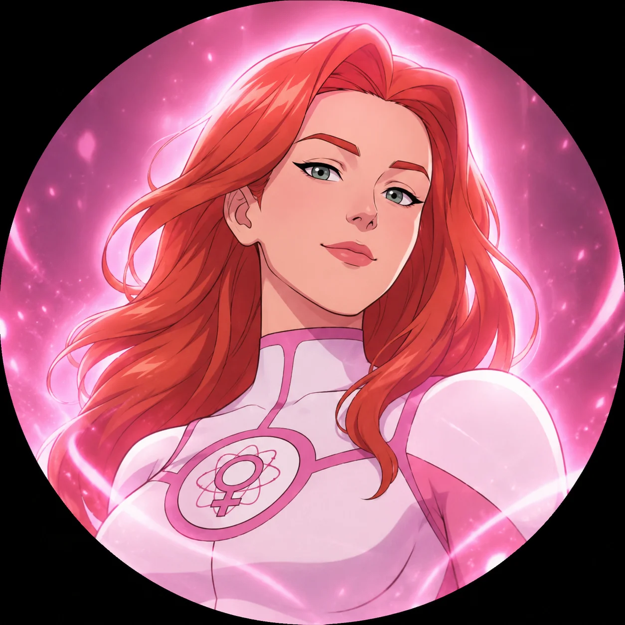 White costume Atom Eve invincible pfp with radiant pink glow perfect for aesthetic Instagram profiles