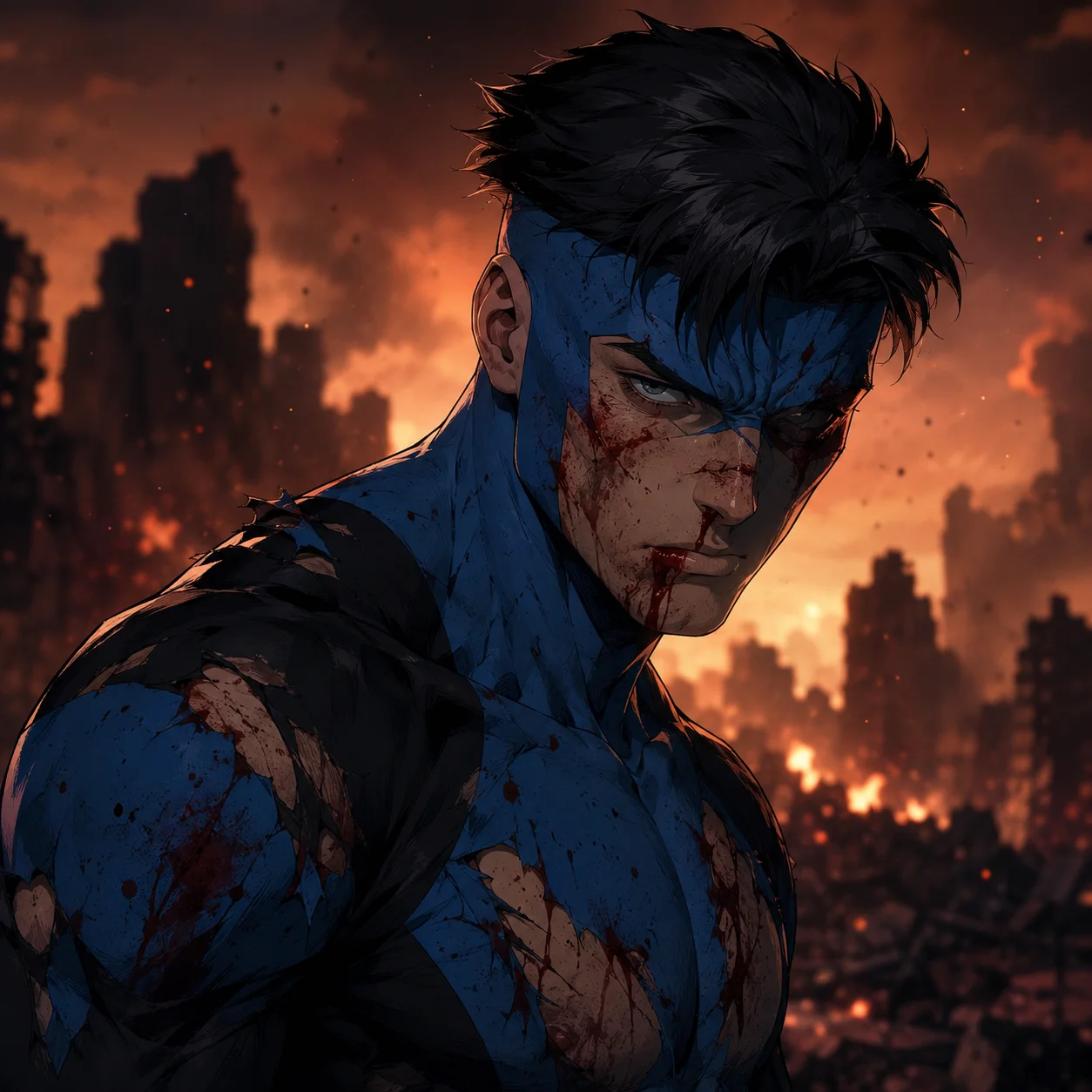 Battle damaged invincible pfp with torn suit and bruised face perfect for gritty Discord gaming profiles