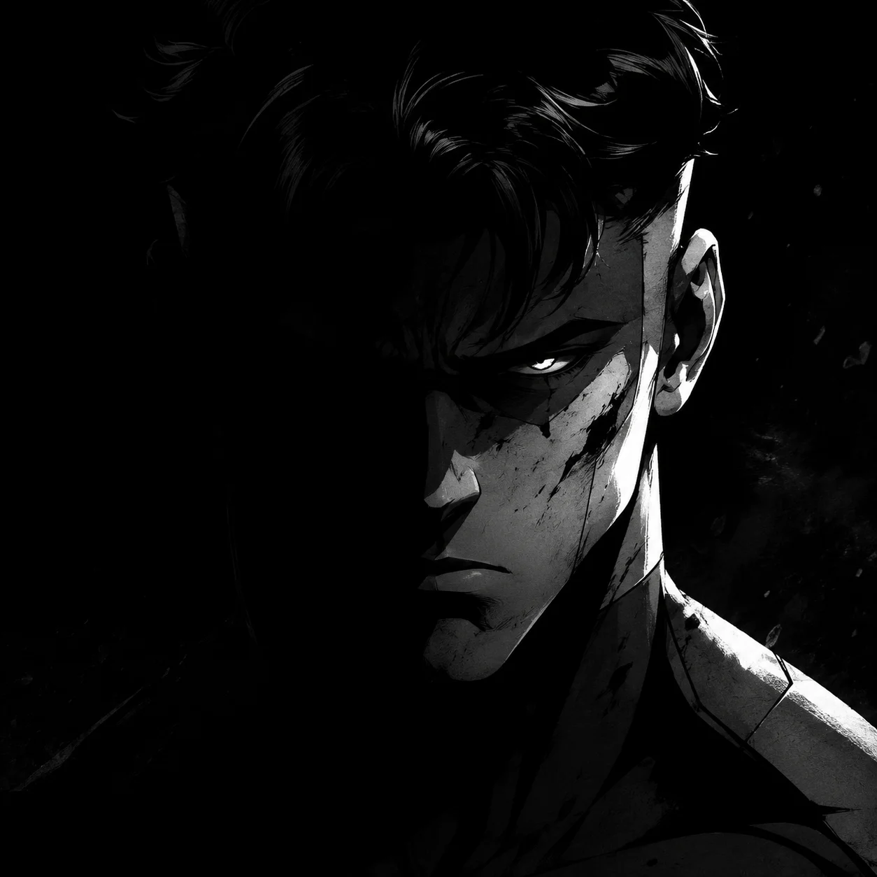 Black and white noir invincible pfp with dramatic shadows for minimalist dark Discord avatars