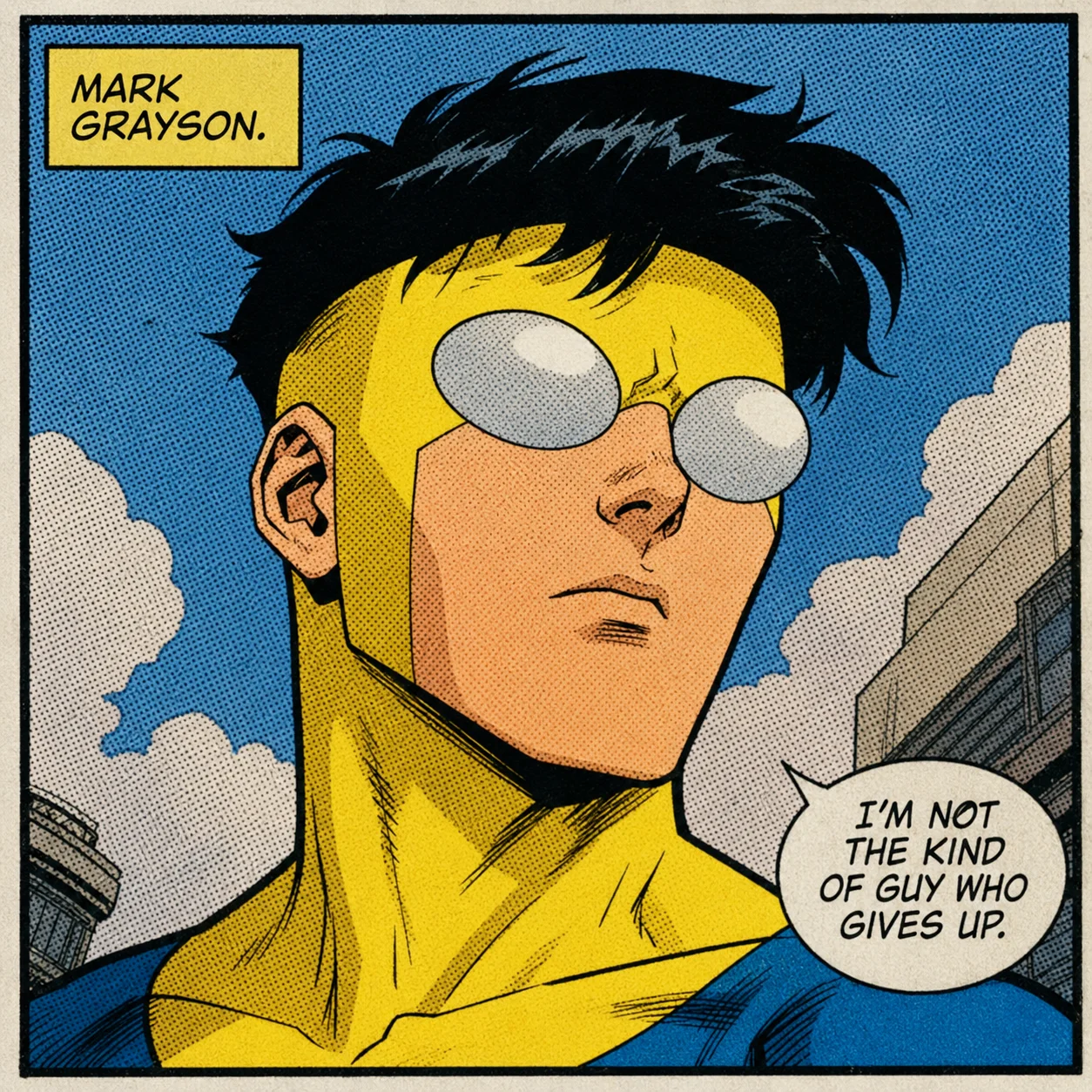 Comic book panel Mark Grayson invincible pfp with halftone dots and bold ink for retro Discord profiles