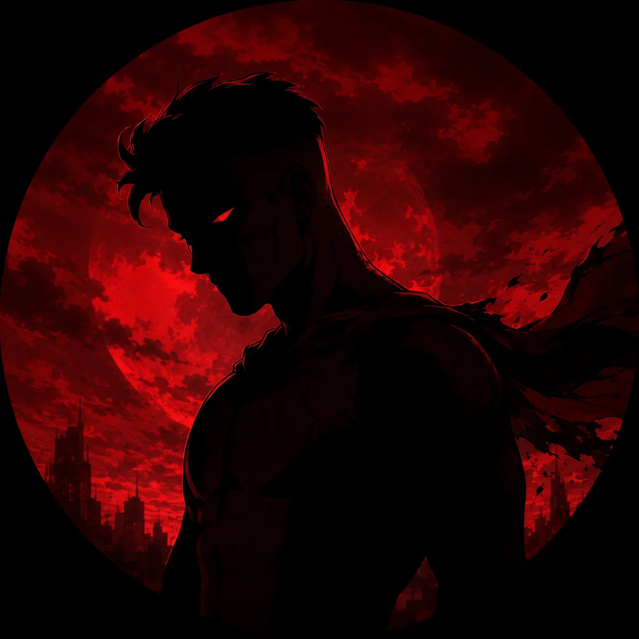 Dark red silhouette invincible pfp with shadowy composition ideal for moody Discord avatars