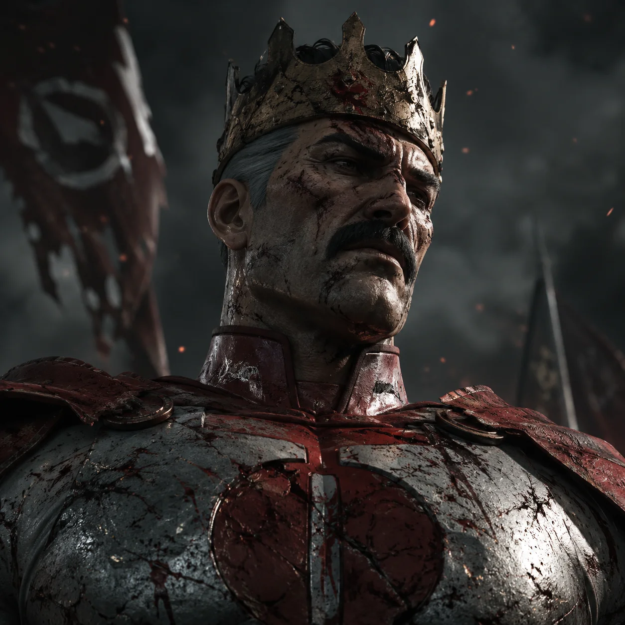 Battle worn armor Emperor Mark invincible pfp with dented crown for gritty Discord warrior profiles