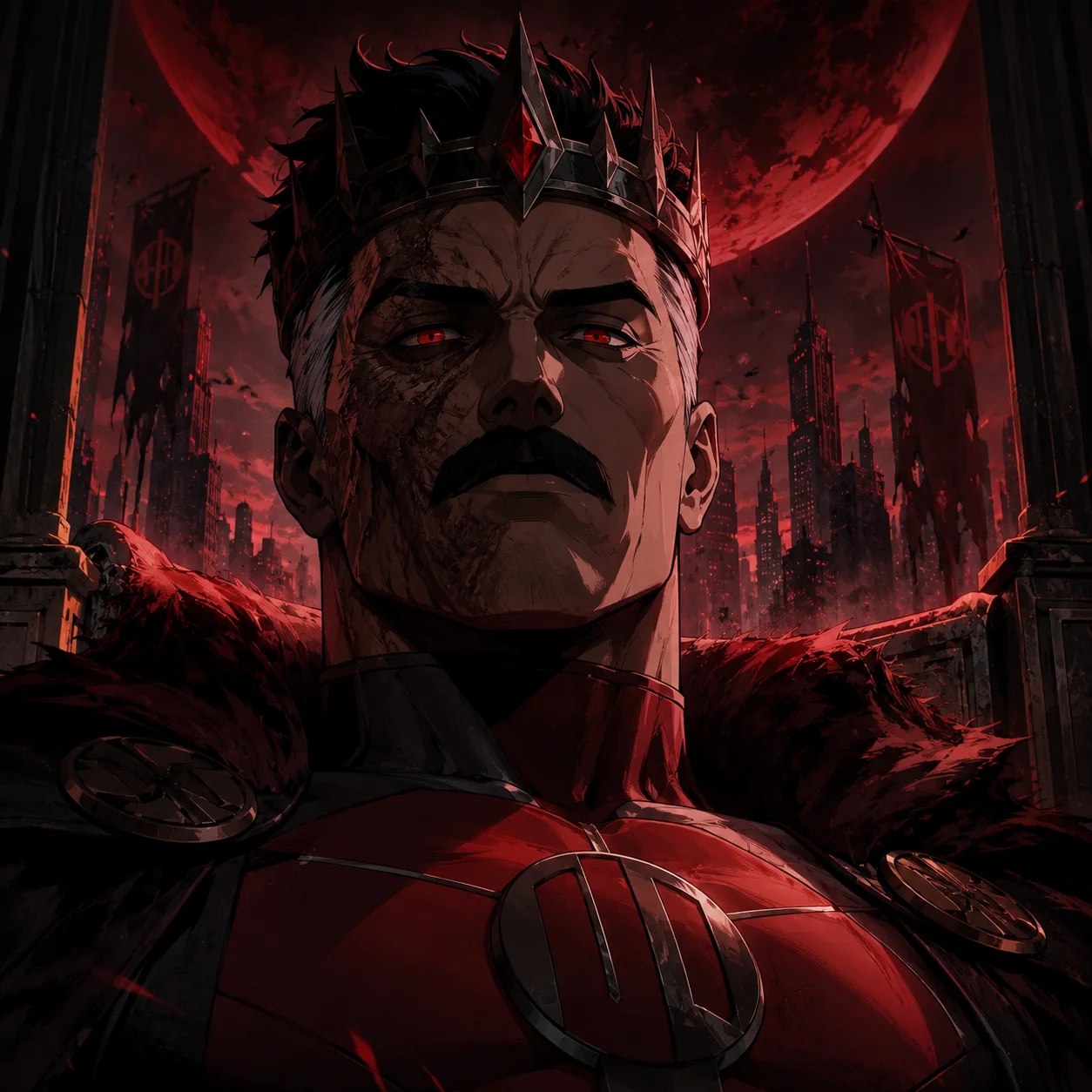 Emperor Mark invincible pfp with scarred face and dark crown for dystopian Discord ruler profiles