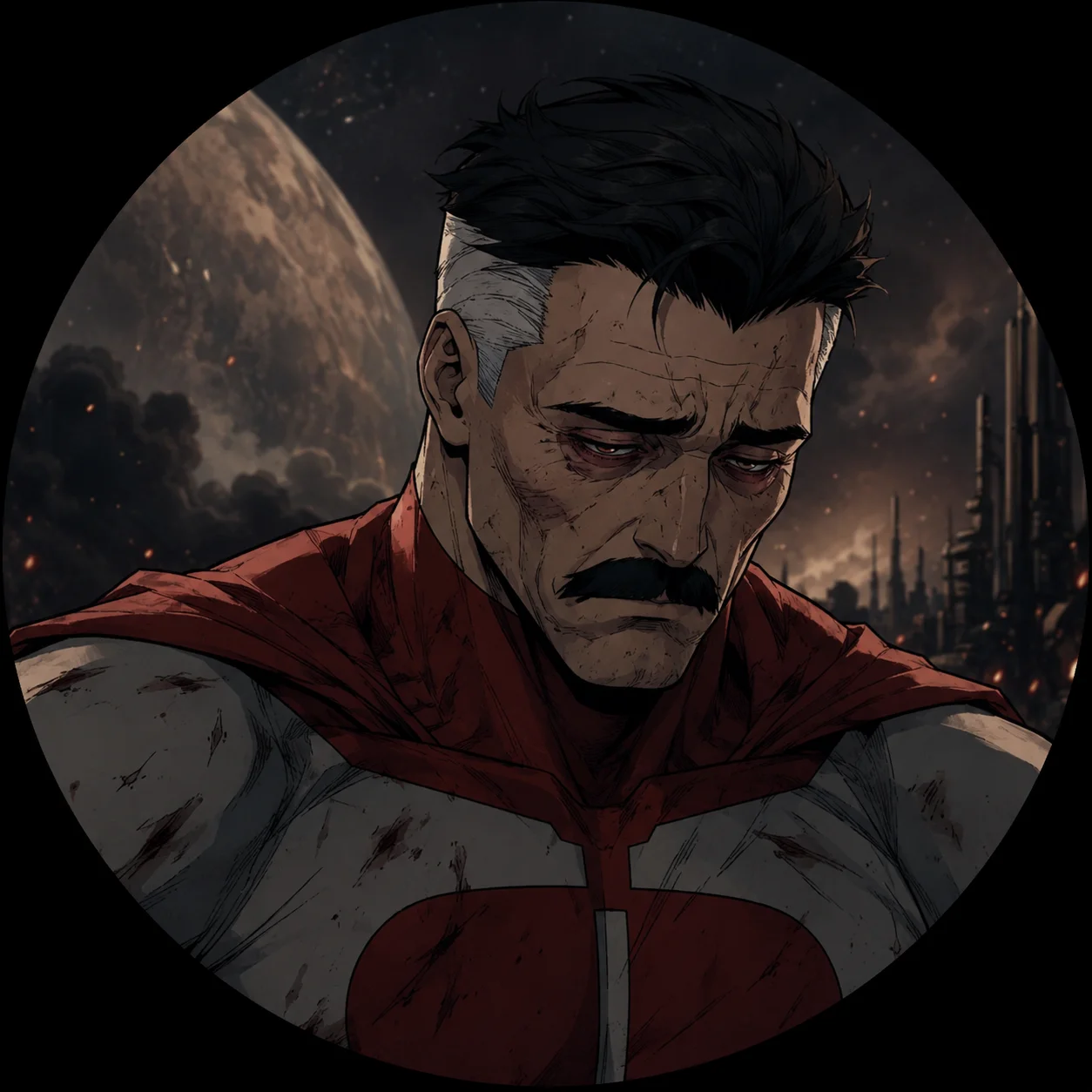 Weary eyes Emperor Mark invincible pfp with tired cosmic burden for meaningful Discord profiles