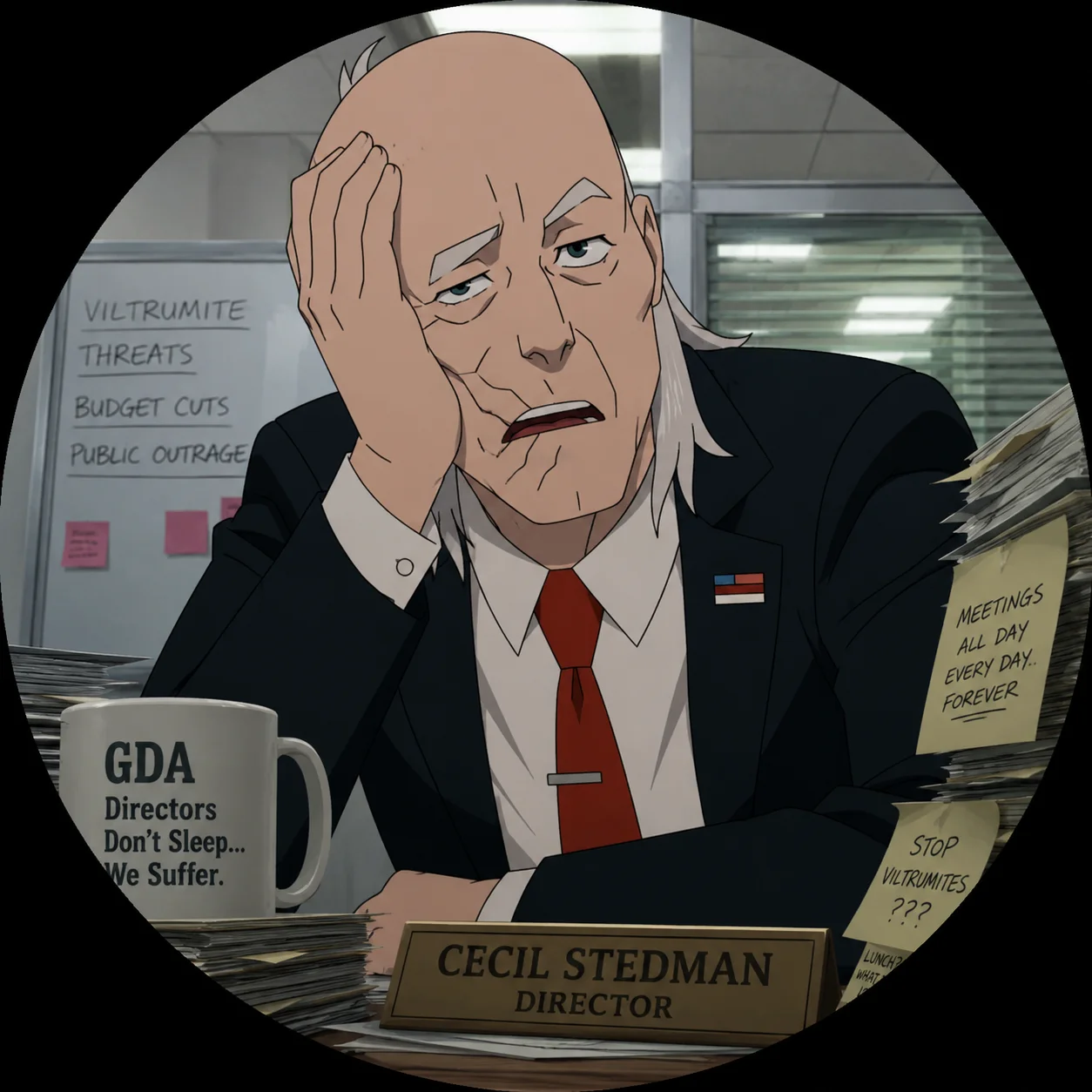 Baffled Cecil funny invincible pfp with office desk exasperation ideal for humorous Discord profiles