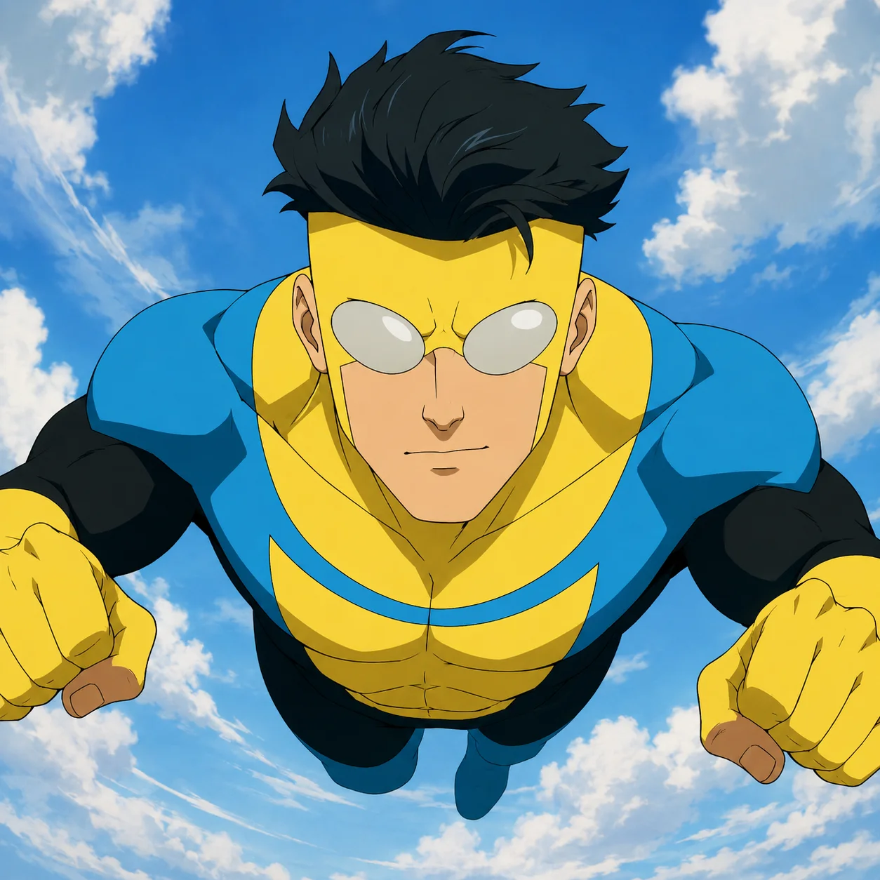 Cool Mark Grayson invincible pfp in blue suit flying through clouds perfect for Discord profiles
