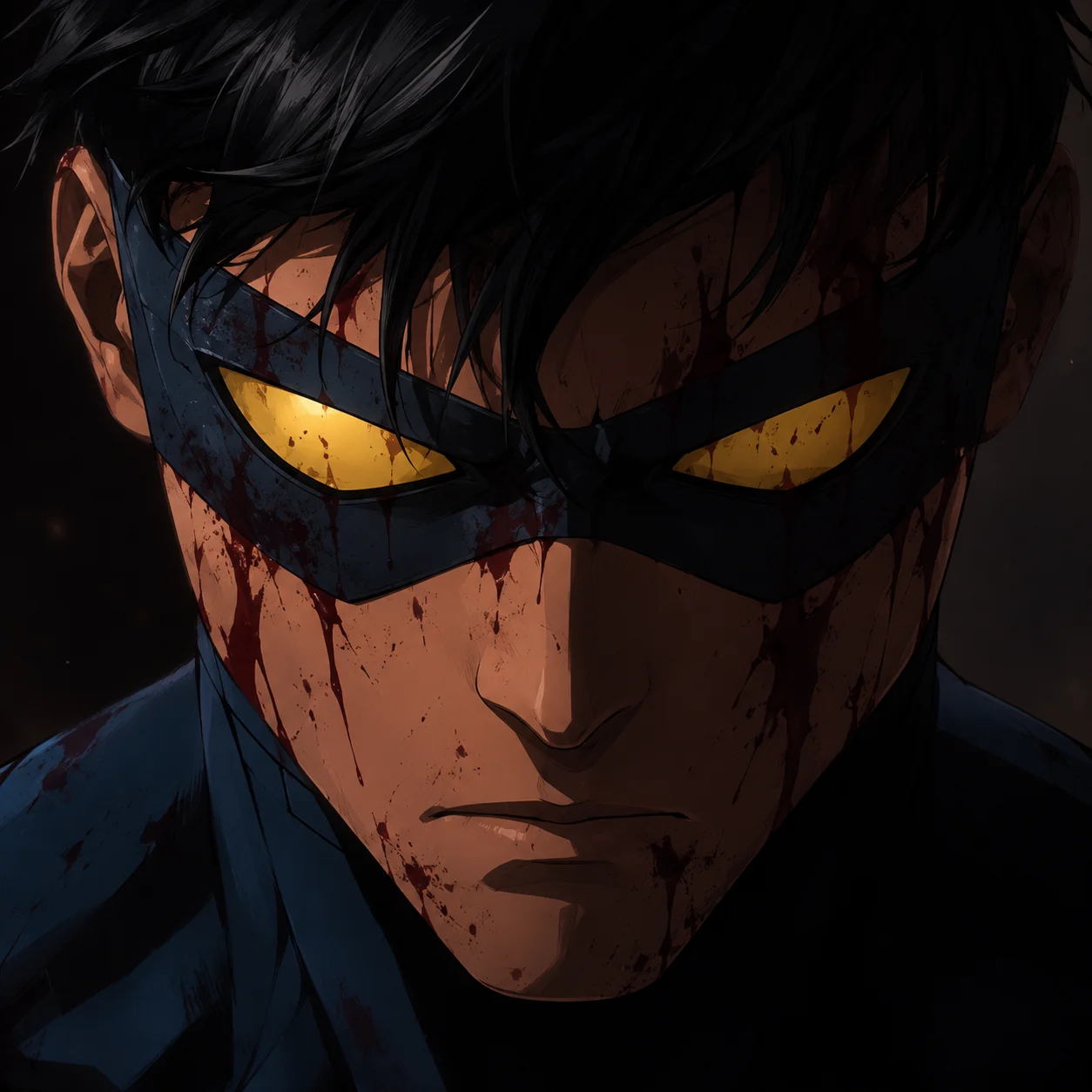 Close up Mark Grayson invincible profile picture with intense stare and blood-streaked mask for gamer avatars