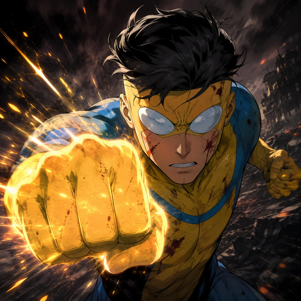 Action Mark Grayson invincible profile picture with clenched fist and glowing energy for gaming Discord profiles