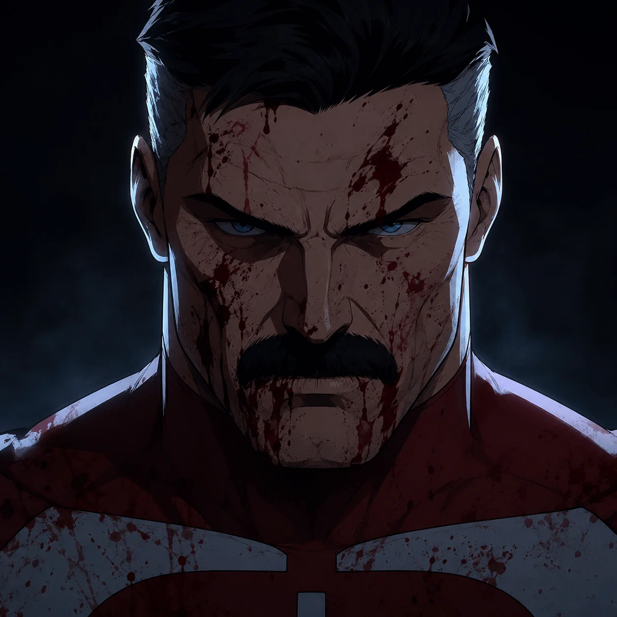Bloody Omni-Man dark invincible pfp with iconic mustache and cold stare for villain-themed Discord profiles