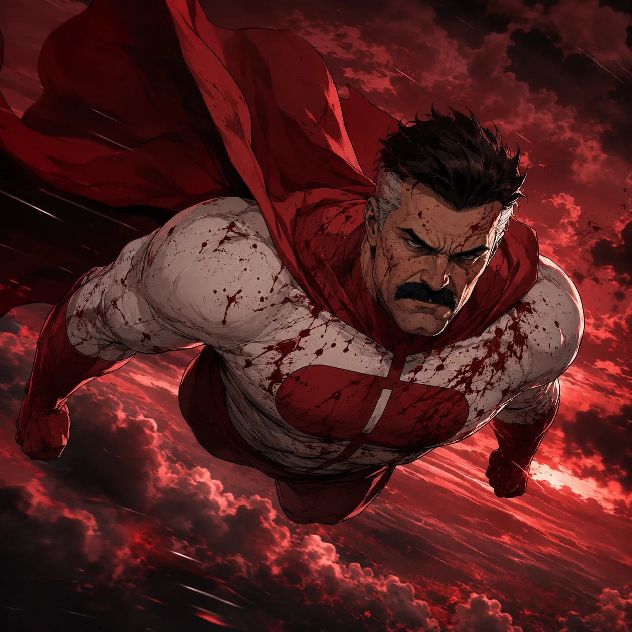 Flying Omni-Man invincible pfp with red cape and blood-streaked uniform ideal for dark Discord profiles