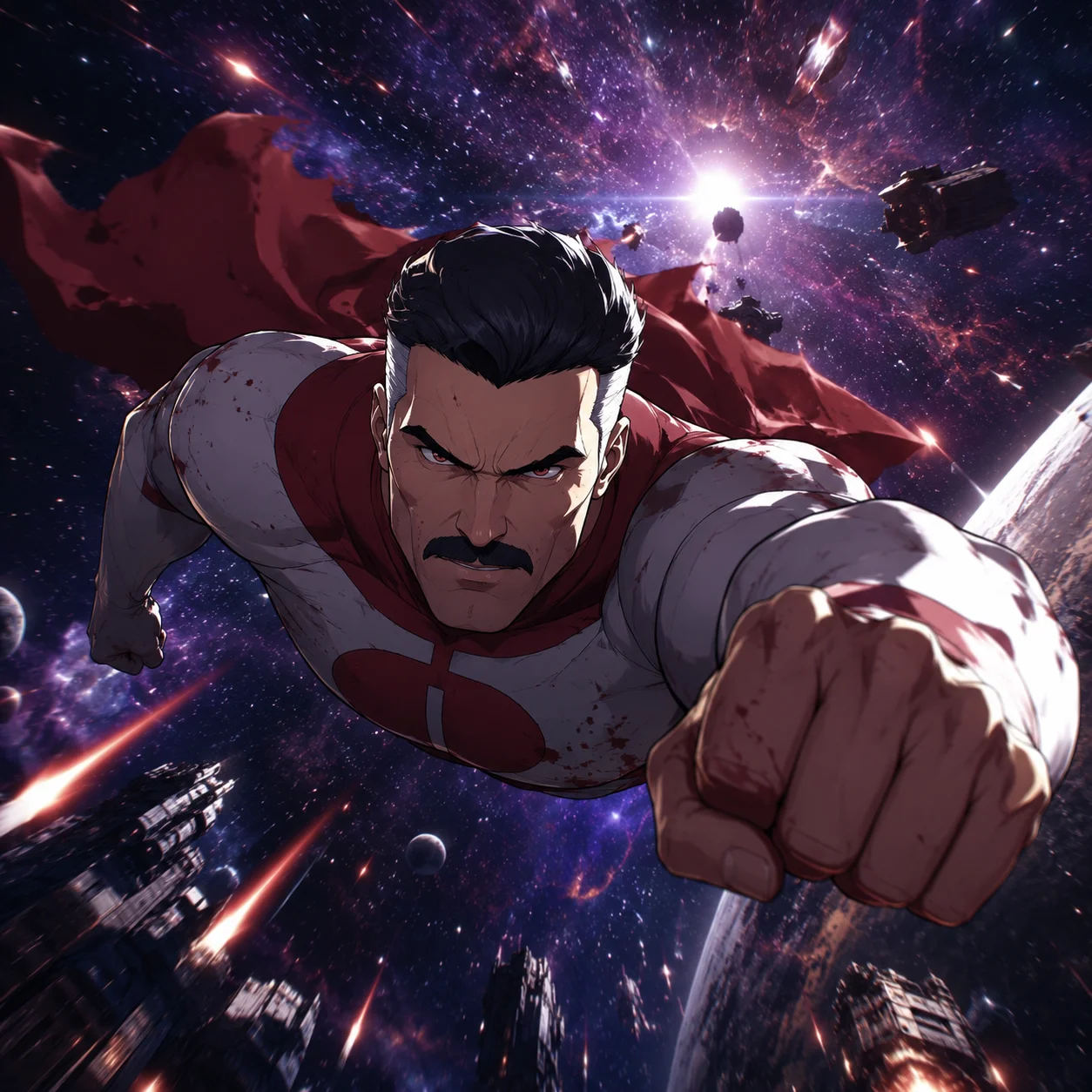 Space battle Viltrumite invincible pfp with cosmic flying warrior for epic Discord sci-fi profiles