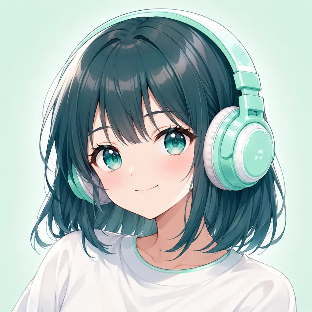 Kawaii anime girl pfp with mint headphones and pastel styling for cute Discord avatars