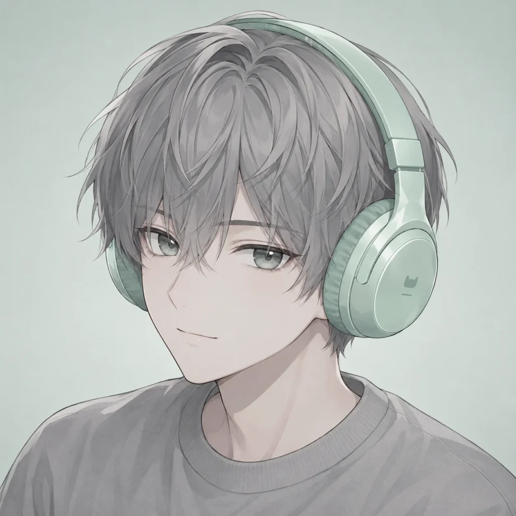 Anime boy kawaii pfp with headphones in mint and gray for TikTok and Discord avatars