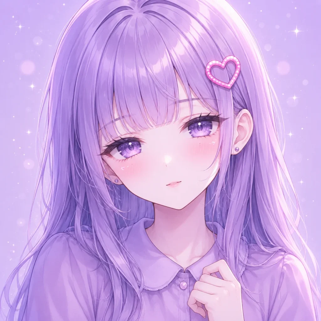 Kawaii anime girl pfp with lavender hair and heart clip for cute social media avatars