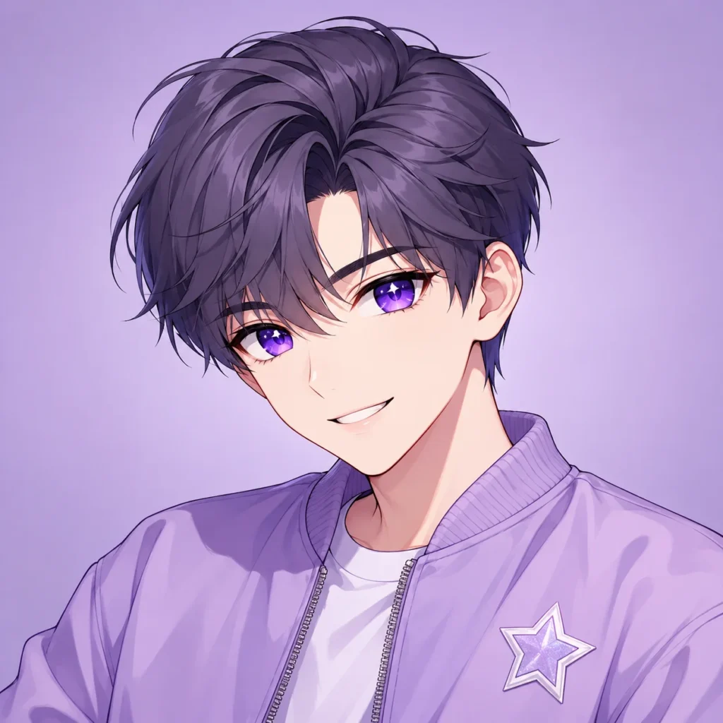 Kawaii boy pfp with lilac jacket and star detail for cute gaming and Discord avatars