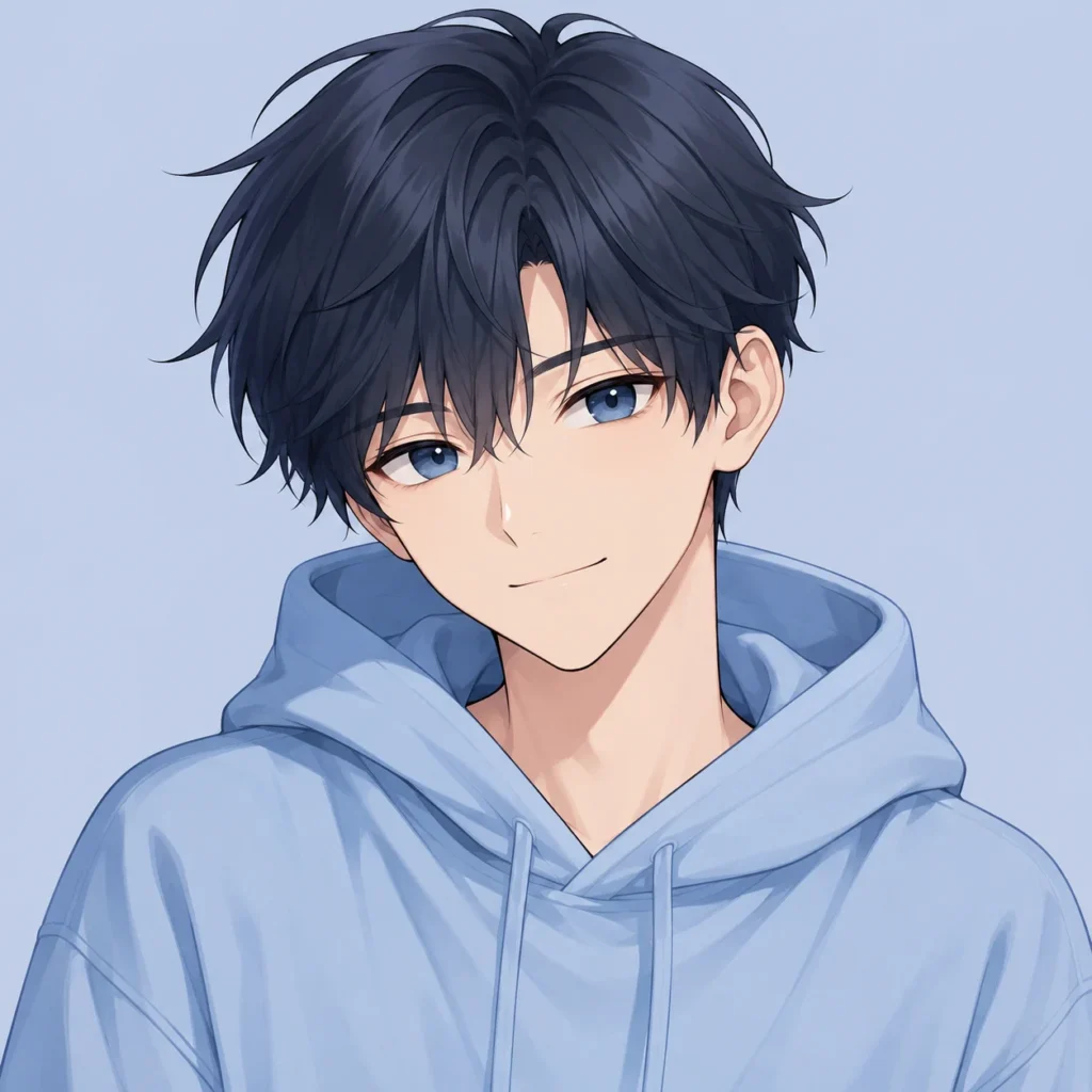 Kawaii boy pfp with soft blue hoodie and anime styling for Discord and gaming profiles
