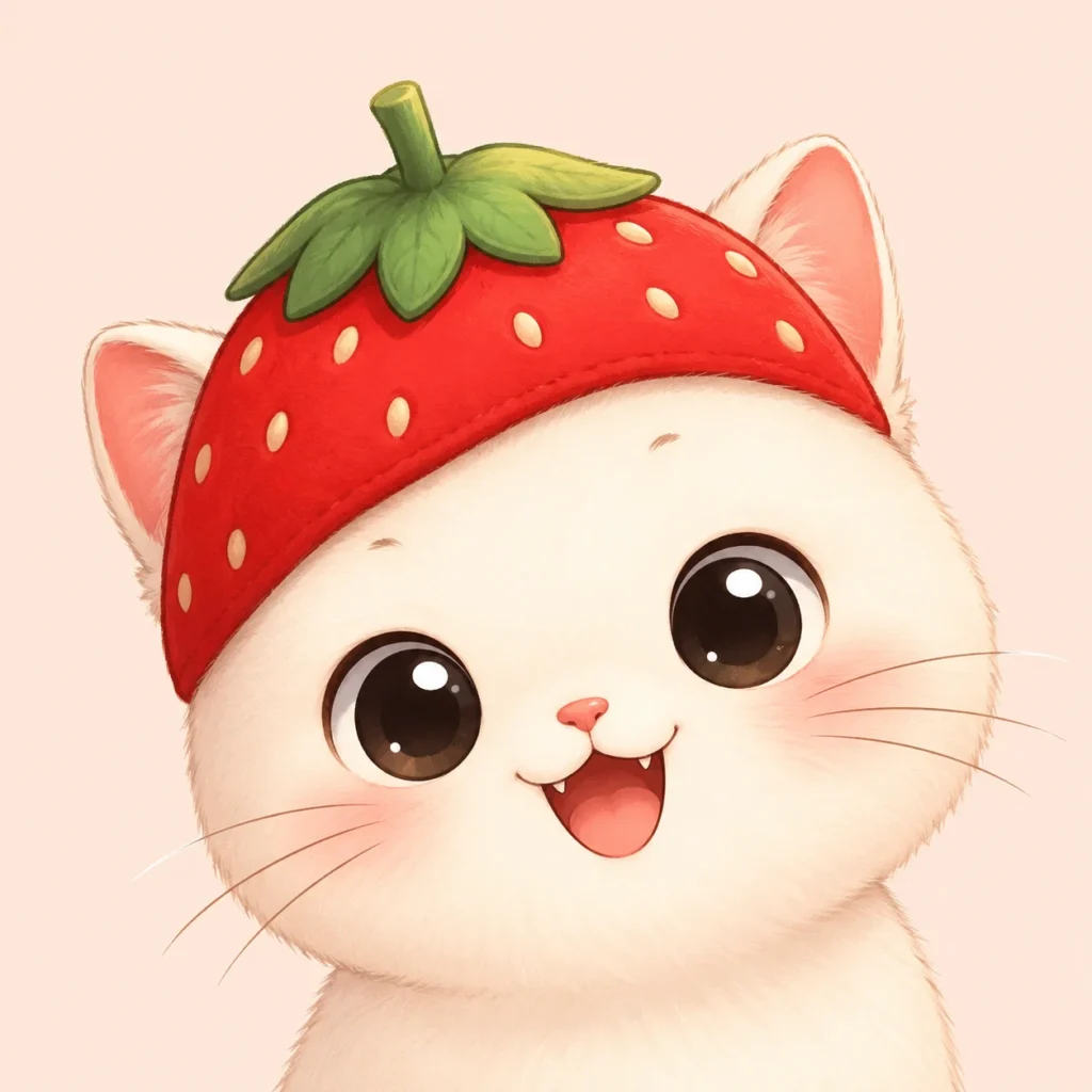Kawaii cat pfp with strawberry hat and cute expression for playful Discord avatars
