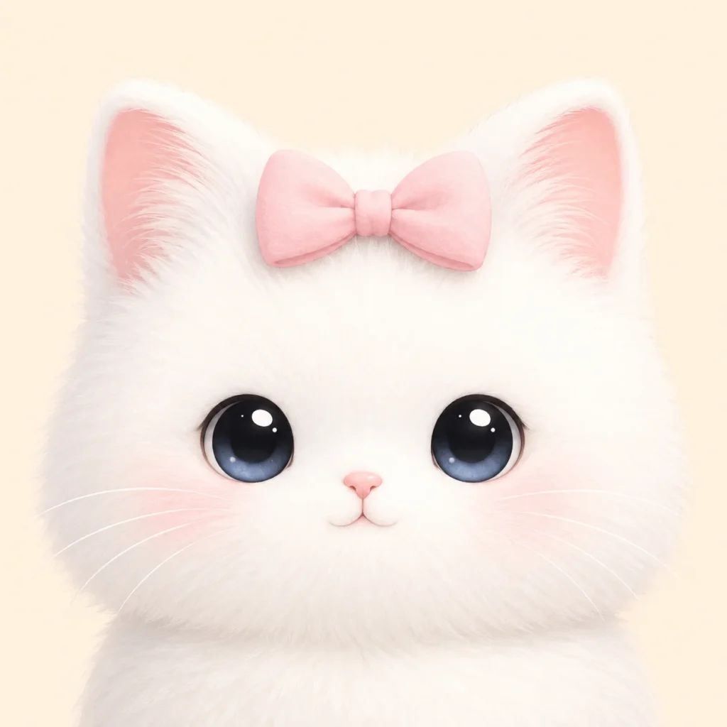 Kawaii cat pfp with fluffy white fur and pastel bow for cute Discord profile icons