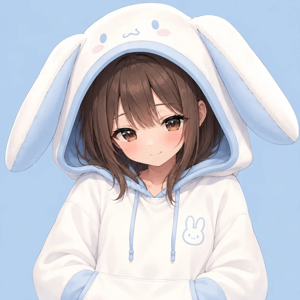 Cute kawaii pfp of anime girl in bunny hoodie with blue accents for Discord icon use