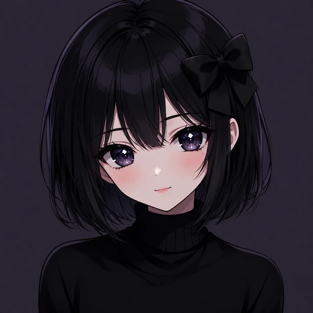 Dark kawaii pfp with anime girl, black bow, and soft blush for moody Discord avatars