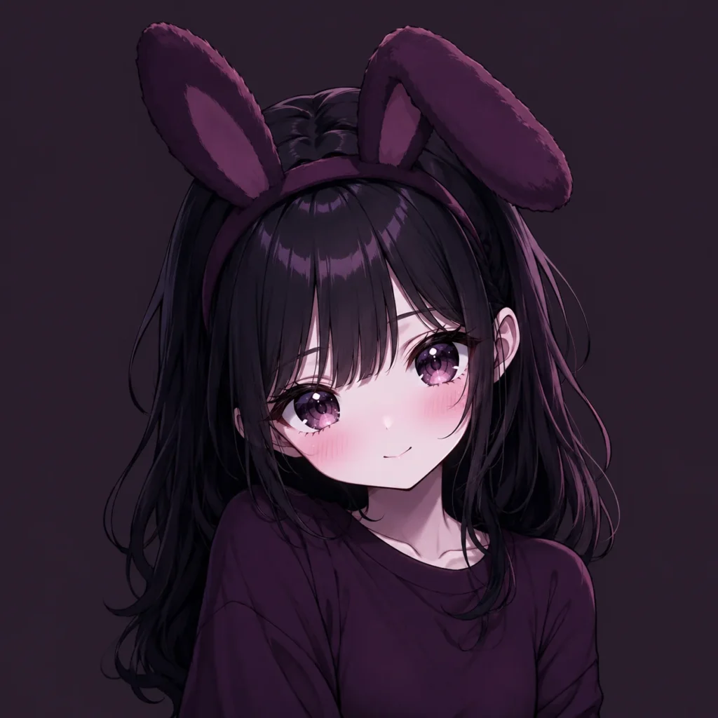 Dark kawaii pfp with plum tones and bunny ears for cute mysterious social avatars